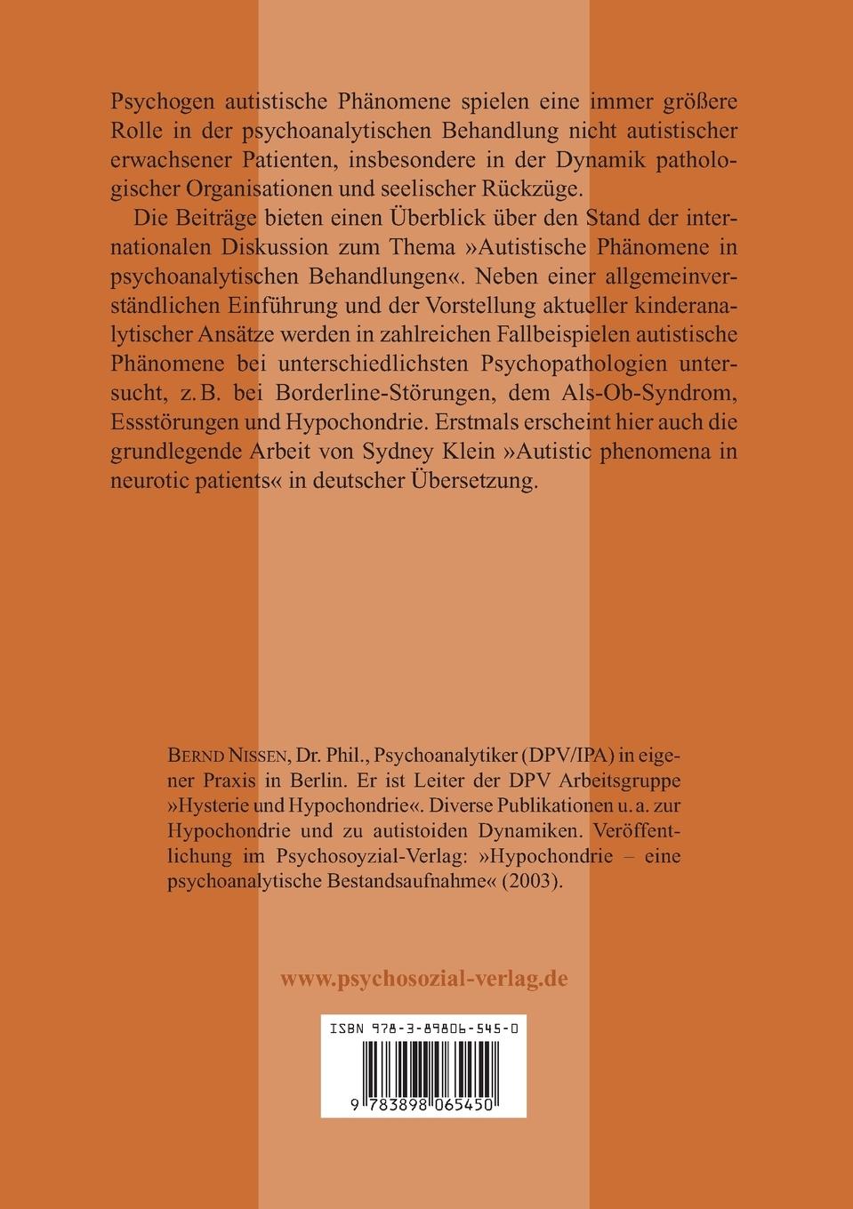 Rückseitencover Autistische Phänomene in psychoanalytischen Behandlungen
