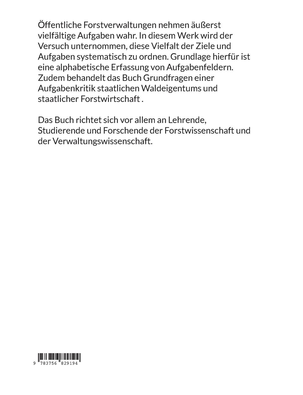 Rückseitencover Systematik der Ziele und Aufgaben von Forstverwaltungen