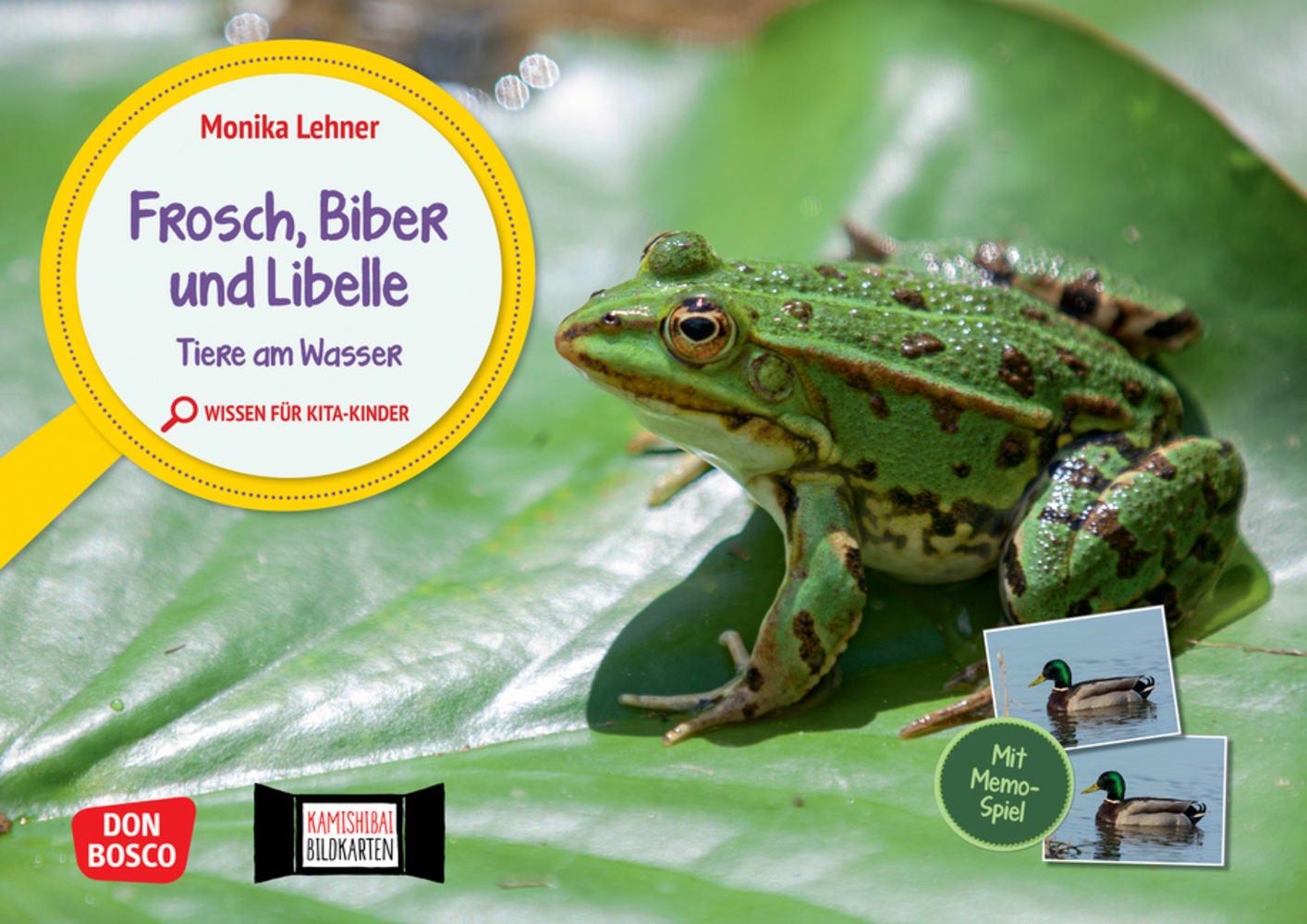 Vorderes Coverbild Frosch, Biber und Libelle. Tiere am Wasser. Kamishibai Bildkarten und Memo-Spiel