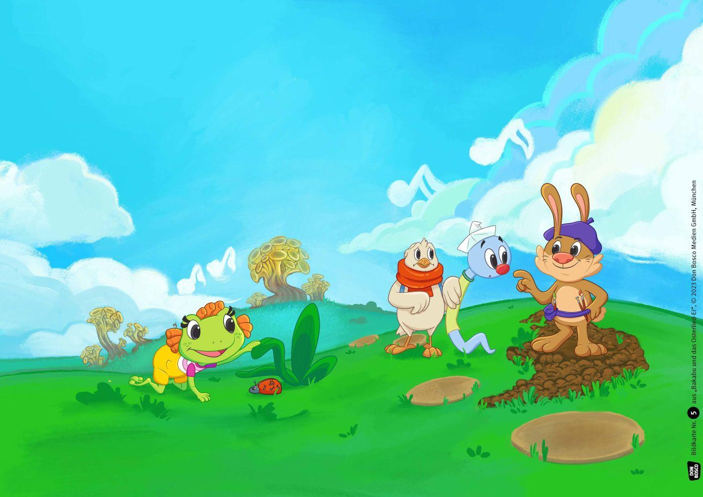 Beispielinhalt (Bild) Bakabu auf der Suche nach dem Osterlied-Ei. Kamishibai Bildkartenset