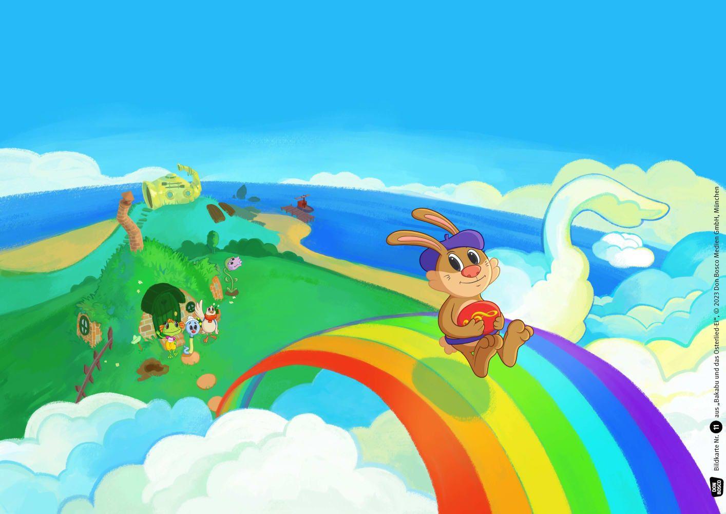 Beispielinhalt (Bild) Bakabu auf der Suche nach dem Osterlied-Ei. Kamishibai Bildkartenset