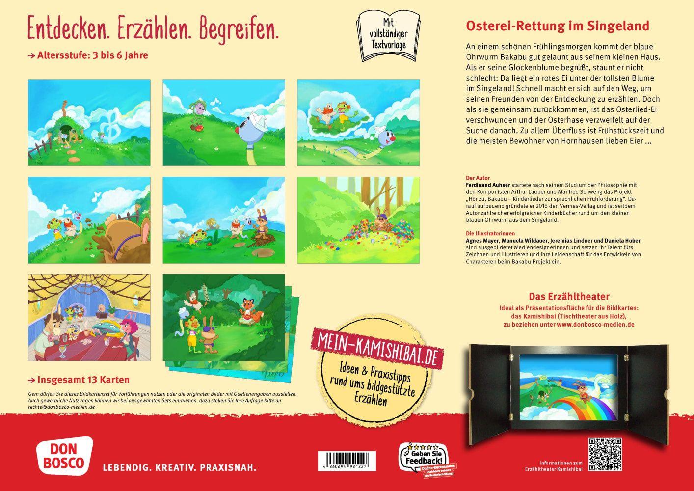 Beispielinhalt (Bild) Bakabu auf der Suche nach dem Osterlied-Ei. Kamishibai Bildkartenset