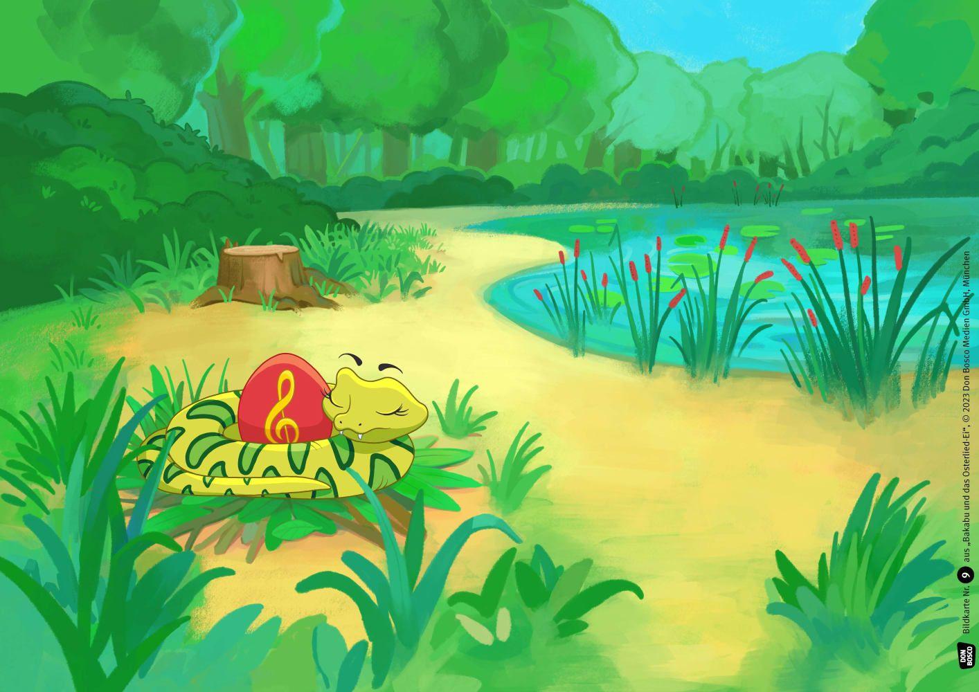 Beispielinhalt (Bild) Bakabu auf der Suche nach dem Osterlied-Ei. Kamishibai Bildkartenset