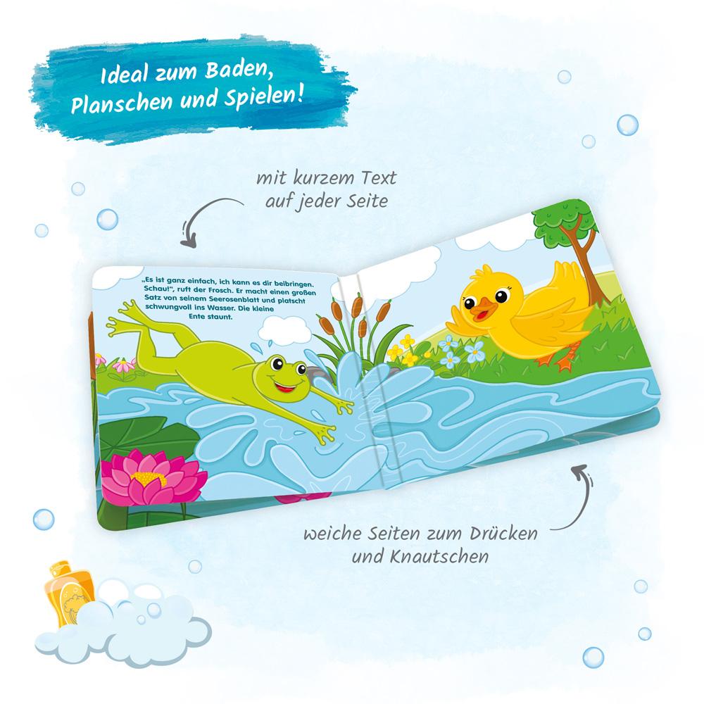 Beispielinhalt (Bild) Trötsch Badebuch mit Tierfigur Die kleine Ente und der Frosch