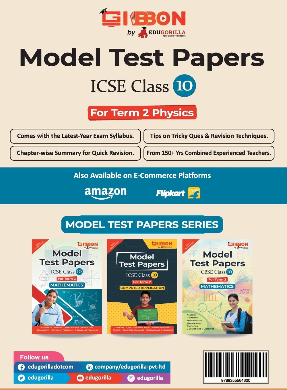 Rückseitencover Model Test Papers For ICSE Physics - Class X (Term 2)
