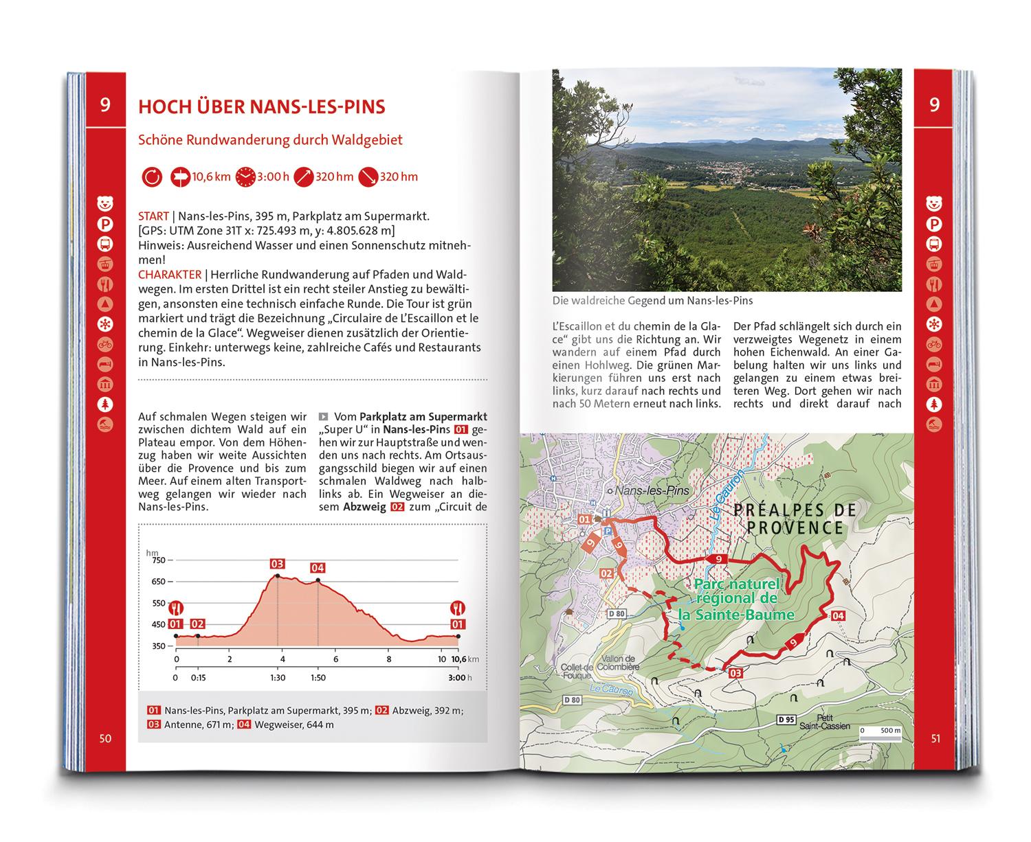 Beispielinhalt (Bild) KOMPASS Wanderführer Côte d'Azur, Die schönsten Küsten- und Bergwanderungen, 50 Touren mit Extra-Tourenkarte