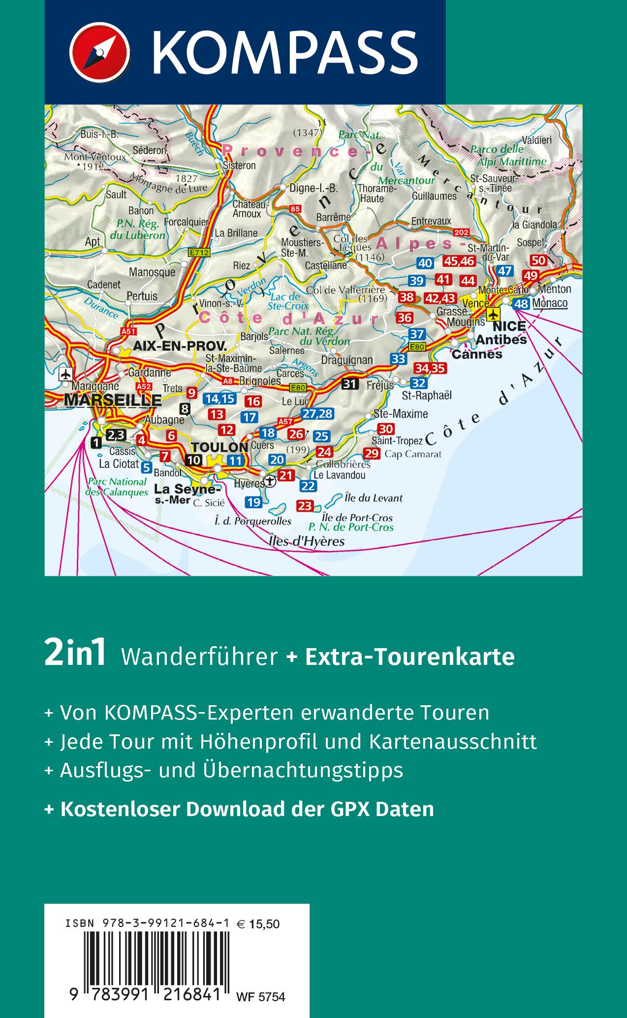 Rückseitencover KOMPASS Wanderführer Côte d'Azur, Die schönsten Küsten- und Bergwanderungen, 50 Touren mit Extra-Tourenkarte