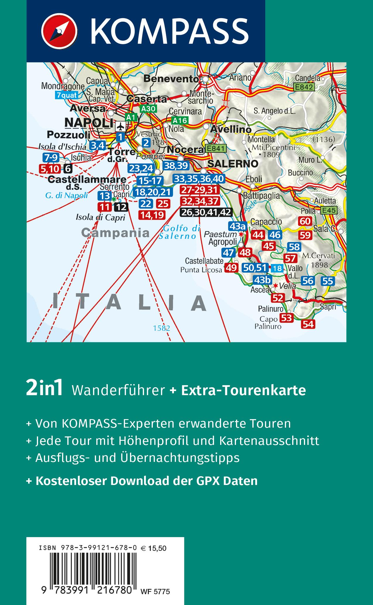 Rückseitencover KOMPASS Wanderführer Golf von Neapel, Ischia, Capri, Halbinsel Sorrent, Amalfi-Küste und Cilento, 60 Touren mit Extra-Tourenkarte