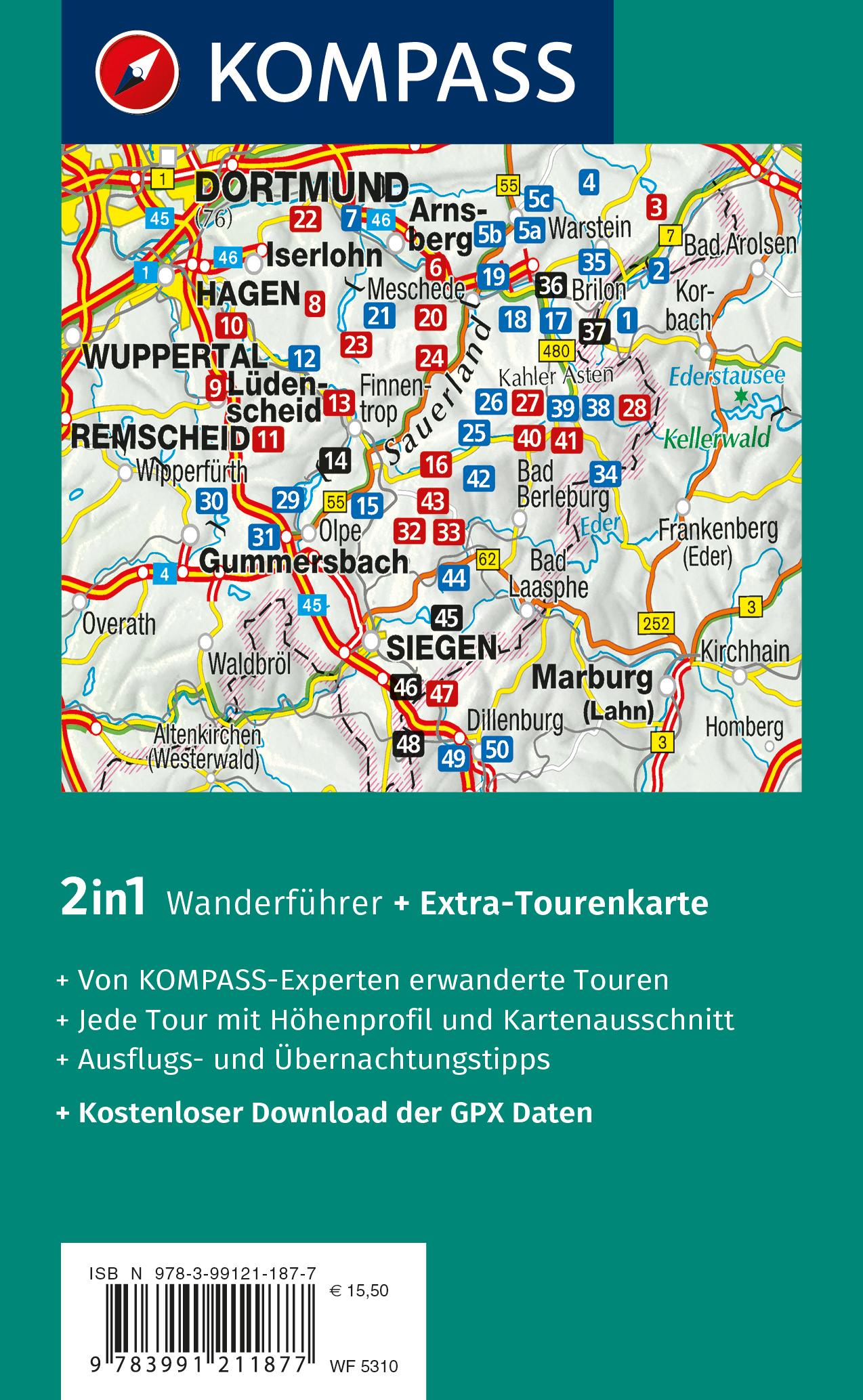 Rückseitencover KOMPASS Wanderführer Sauerland mit Rothaarsteig, 50 Touren mit Extra-Tourenkarte
