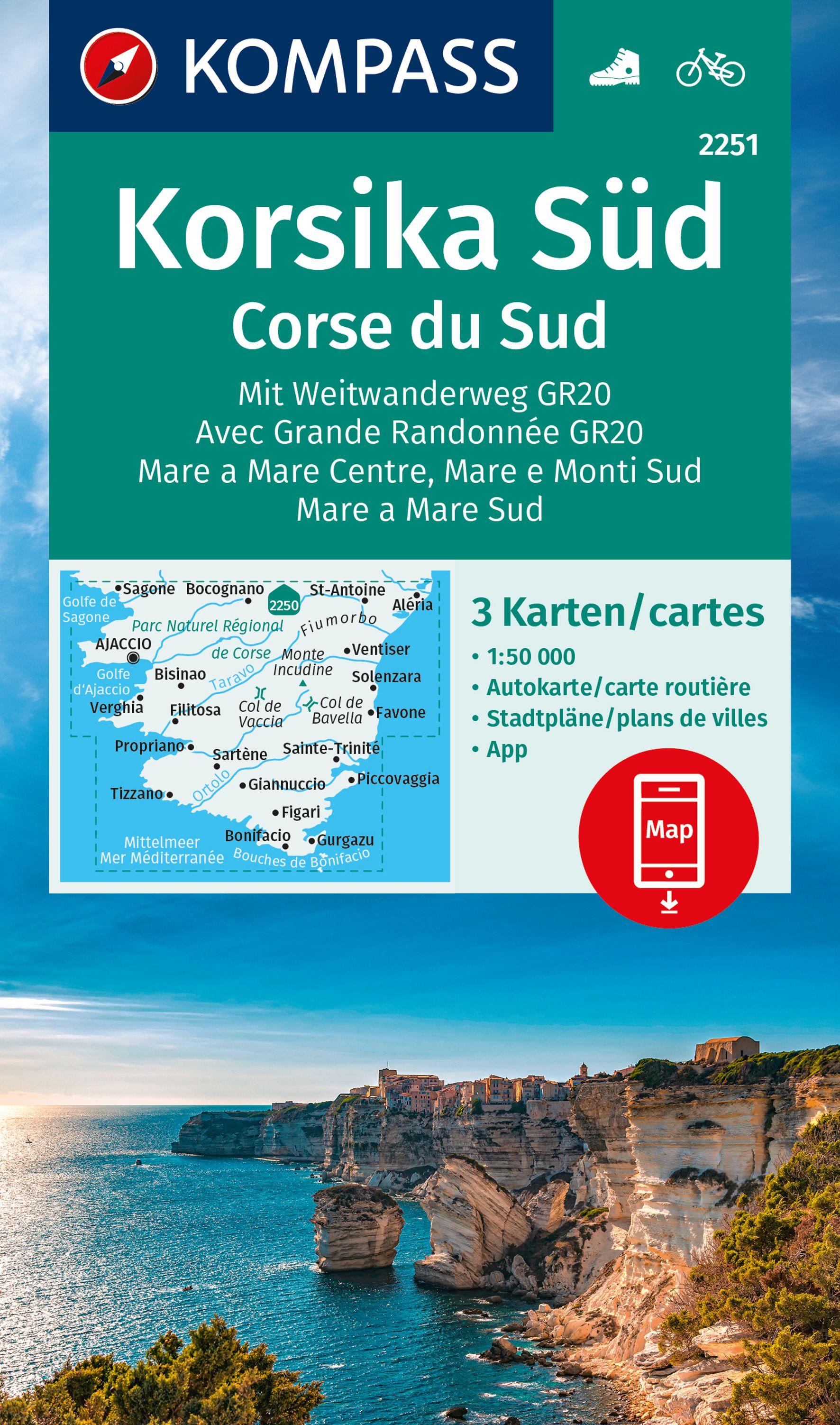 Vorderes Coverbild KOMPASS Wanderkarten-Set 2251 Korsika Süd. Mit Weitwanderweg GR20 / Corse du Sud. Avec Grande Randonnée GR20 (3 Karten) 1:50.000
