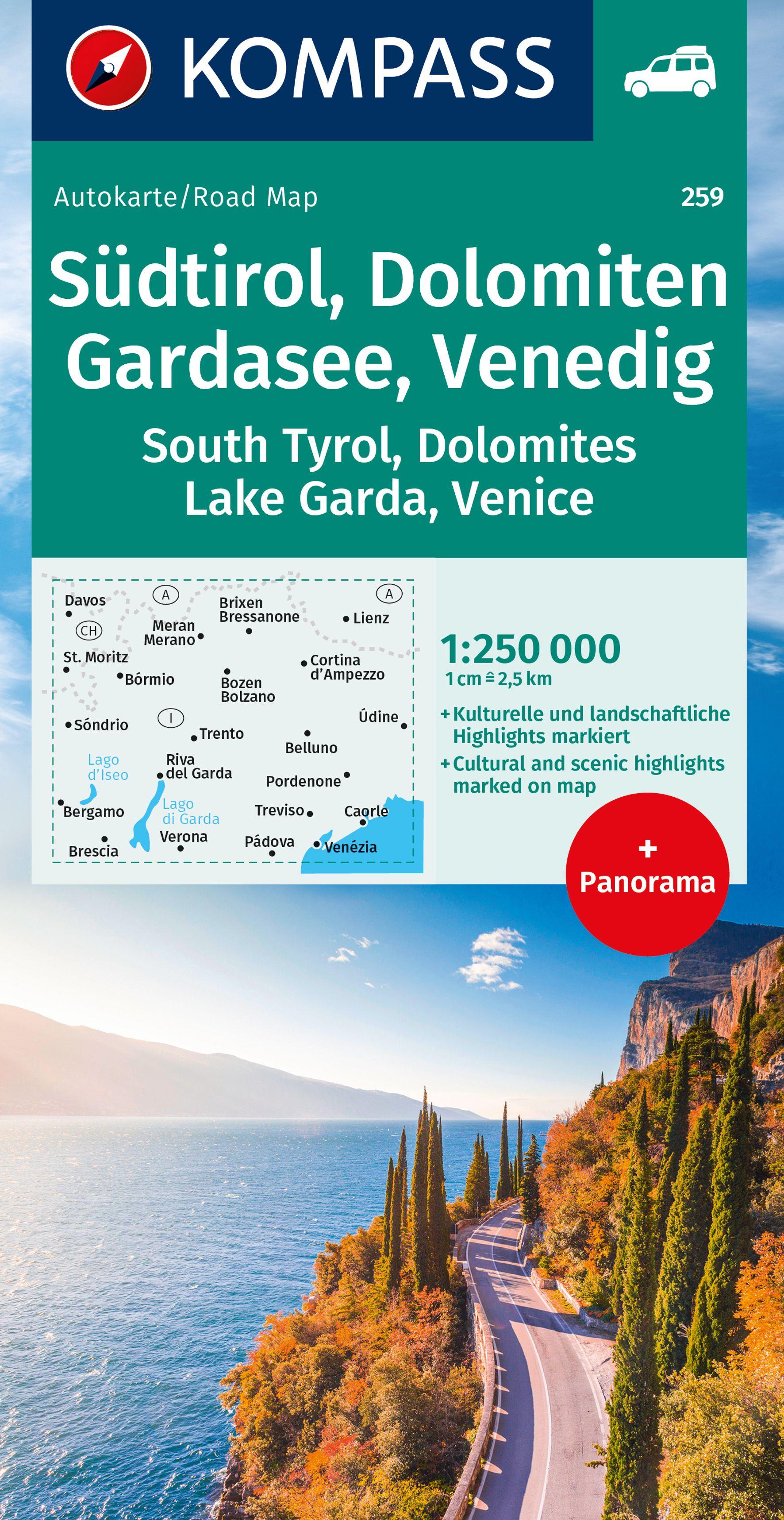 Vorderes Coverbild KOMPASS Autokarte Südtirol, Dolomiten, Gardasee, Venedig 1:250.000