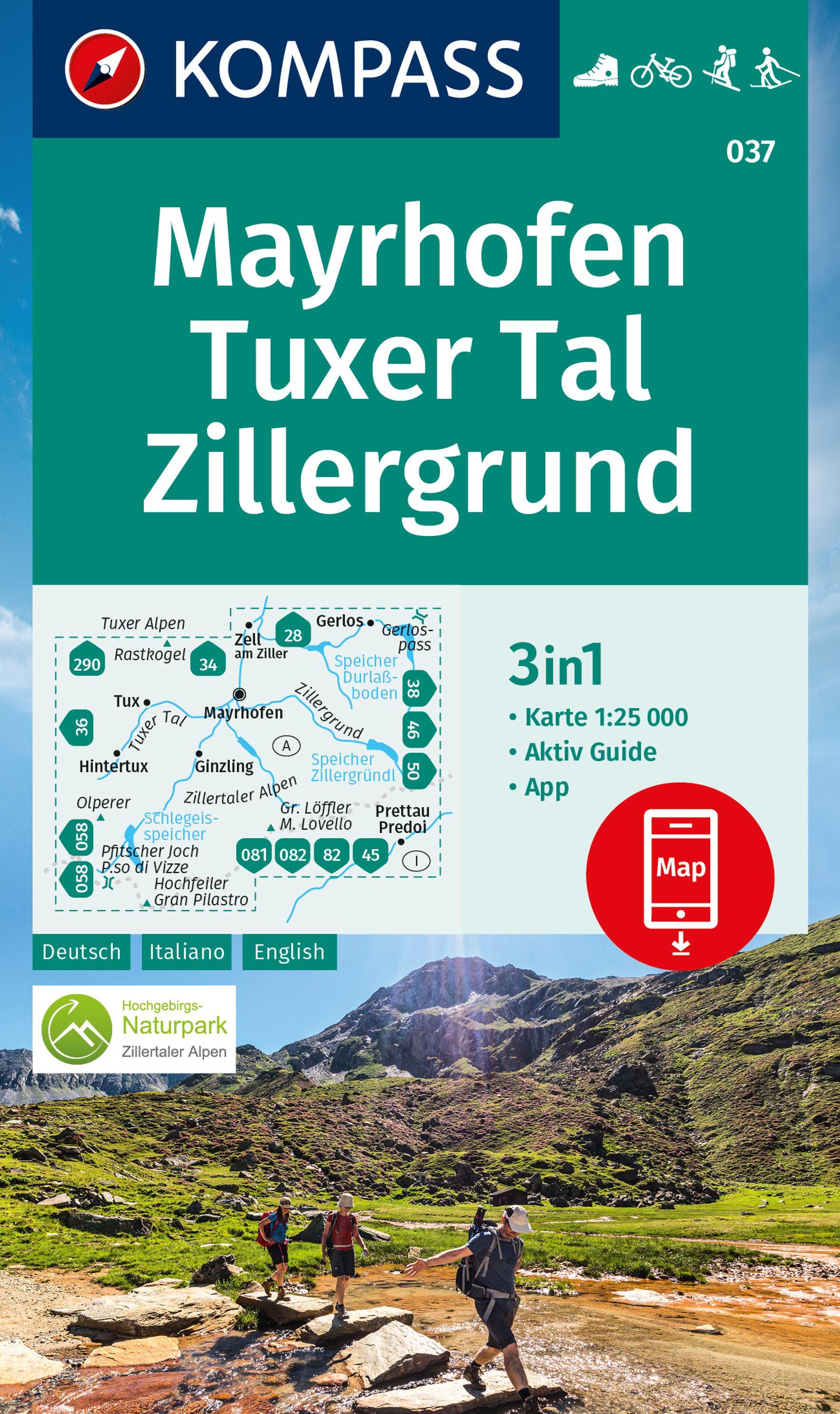 Vorderes Coverbild KOMPASS Wanderkarte 037 Mayrhofen, Tuxer Tal, Zillergrund 1:25.000