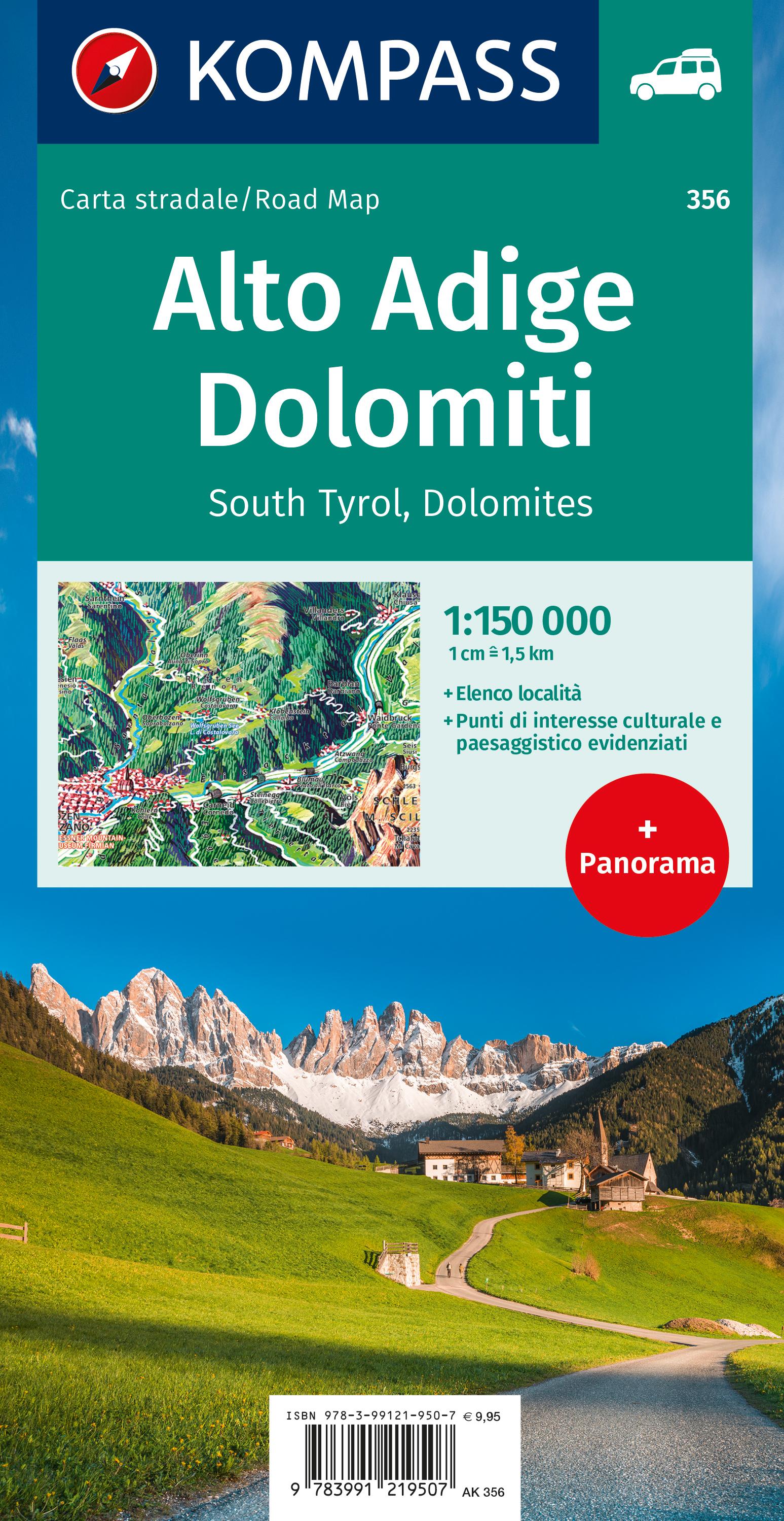Rückseitencover KOMPASS Autokarte Südtirol, Dolomiten 1:150.000