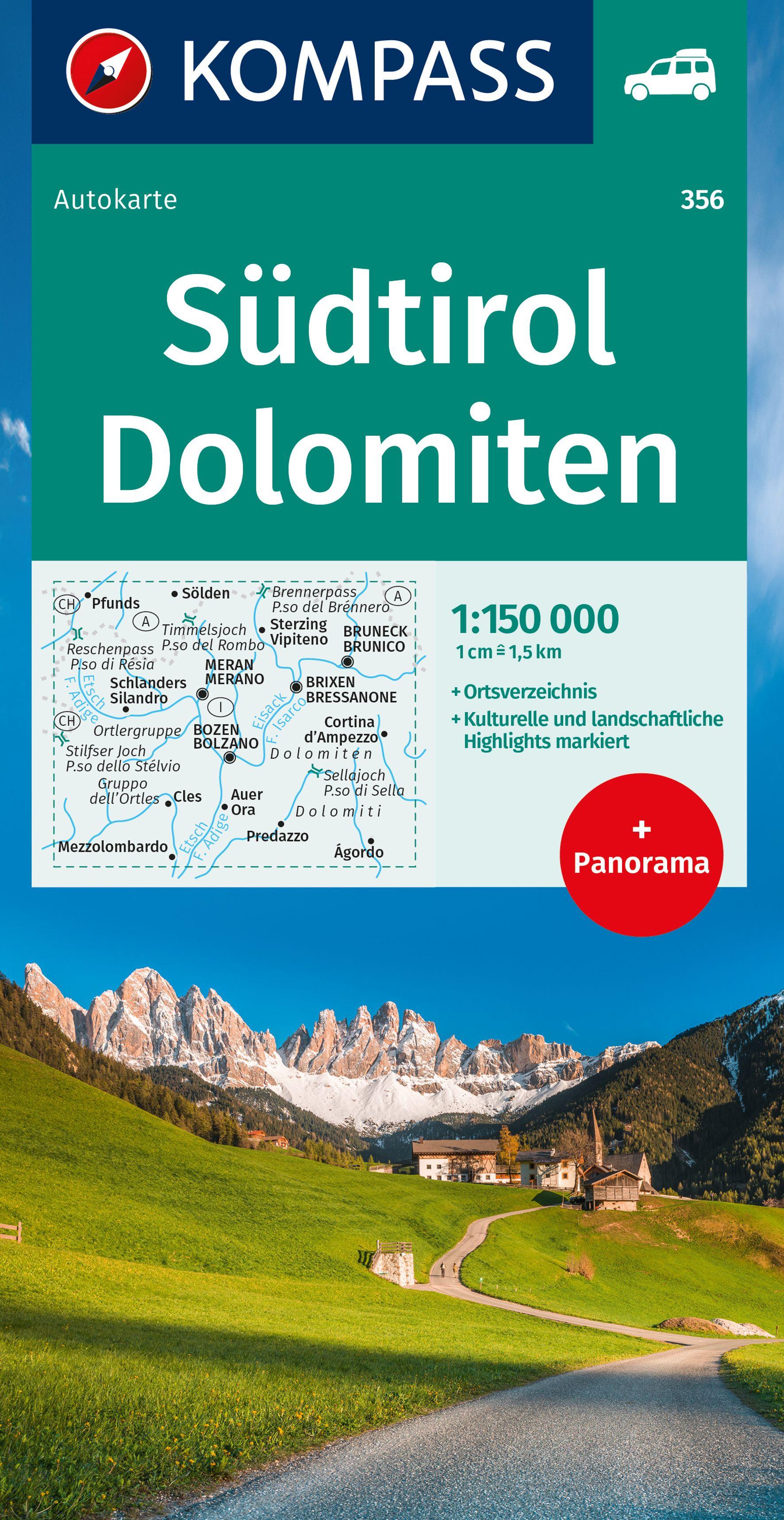 Vorderes Coverbild KOMPASS Autokarte Südtirol, Dolomiten 1:150.000