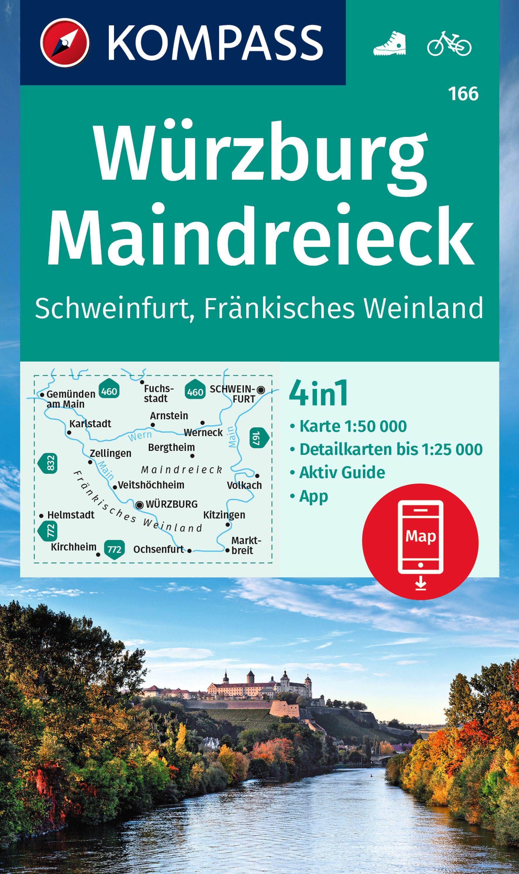 Vorderes Coverbild KOMPASS Wanderkarte 166 Würzburg, Maindreieck, Schweinfurt, Fränkisches Weinland 1:50.000