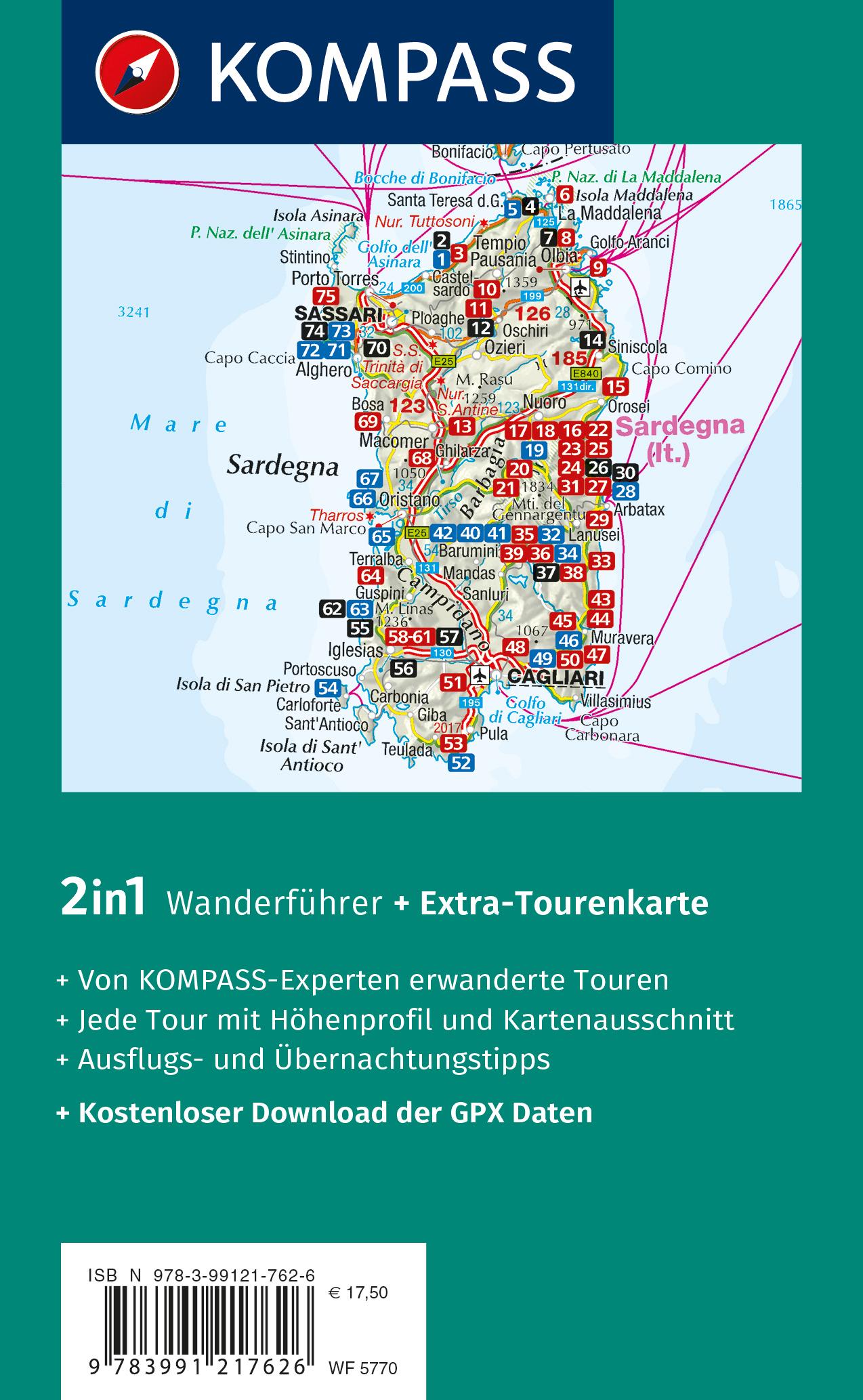 Rückseitencover KOMPASS Wanderführer Sardinien, 75 Touren mit Extra-Tourenkarte