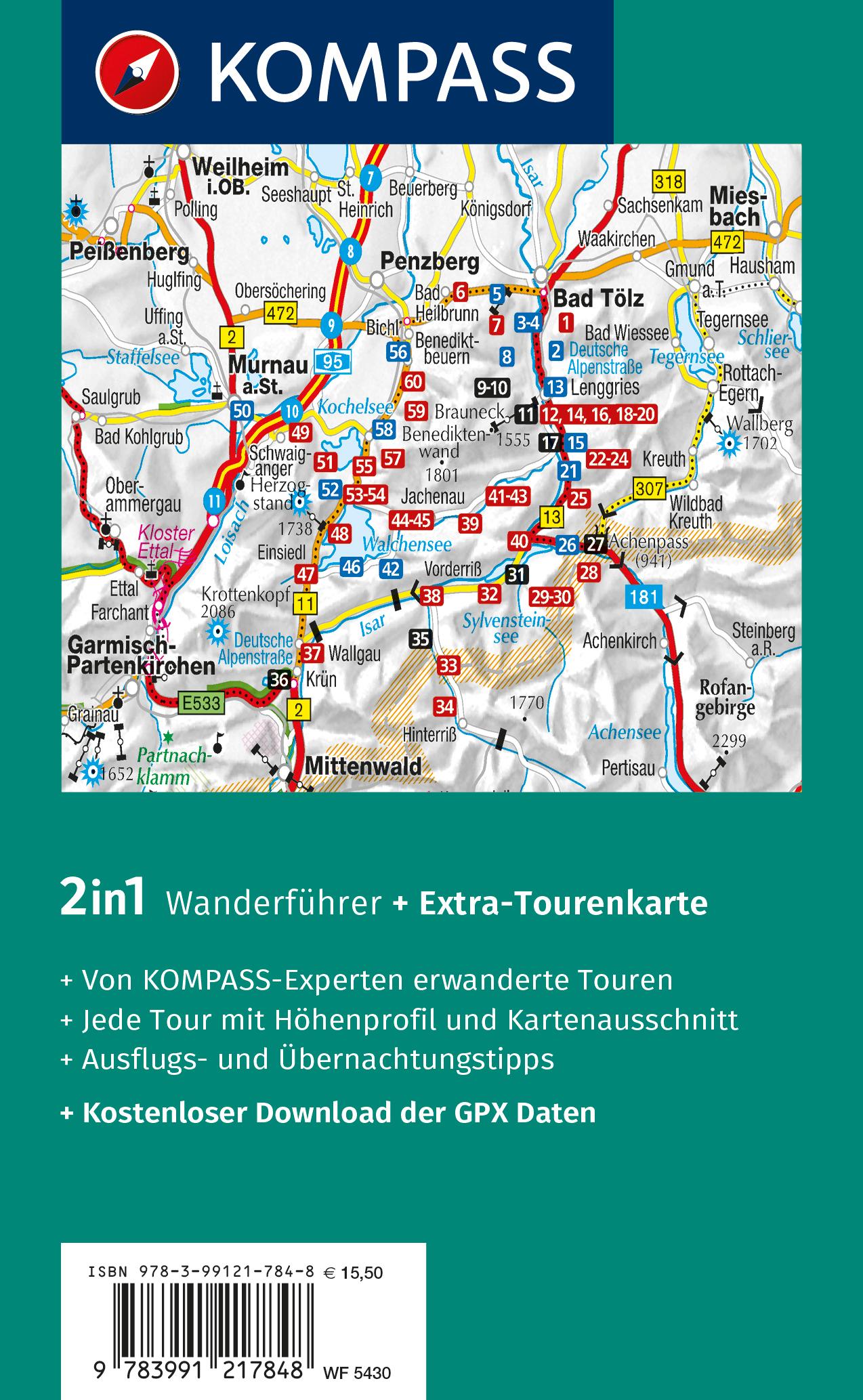 Rückseitencover KOMPASS Wanderführer Isarwinkel, Bad Tölz, Lenggries, Walchensee, 60 Touren mit Extra-Tourenkarte