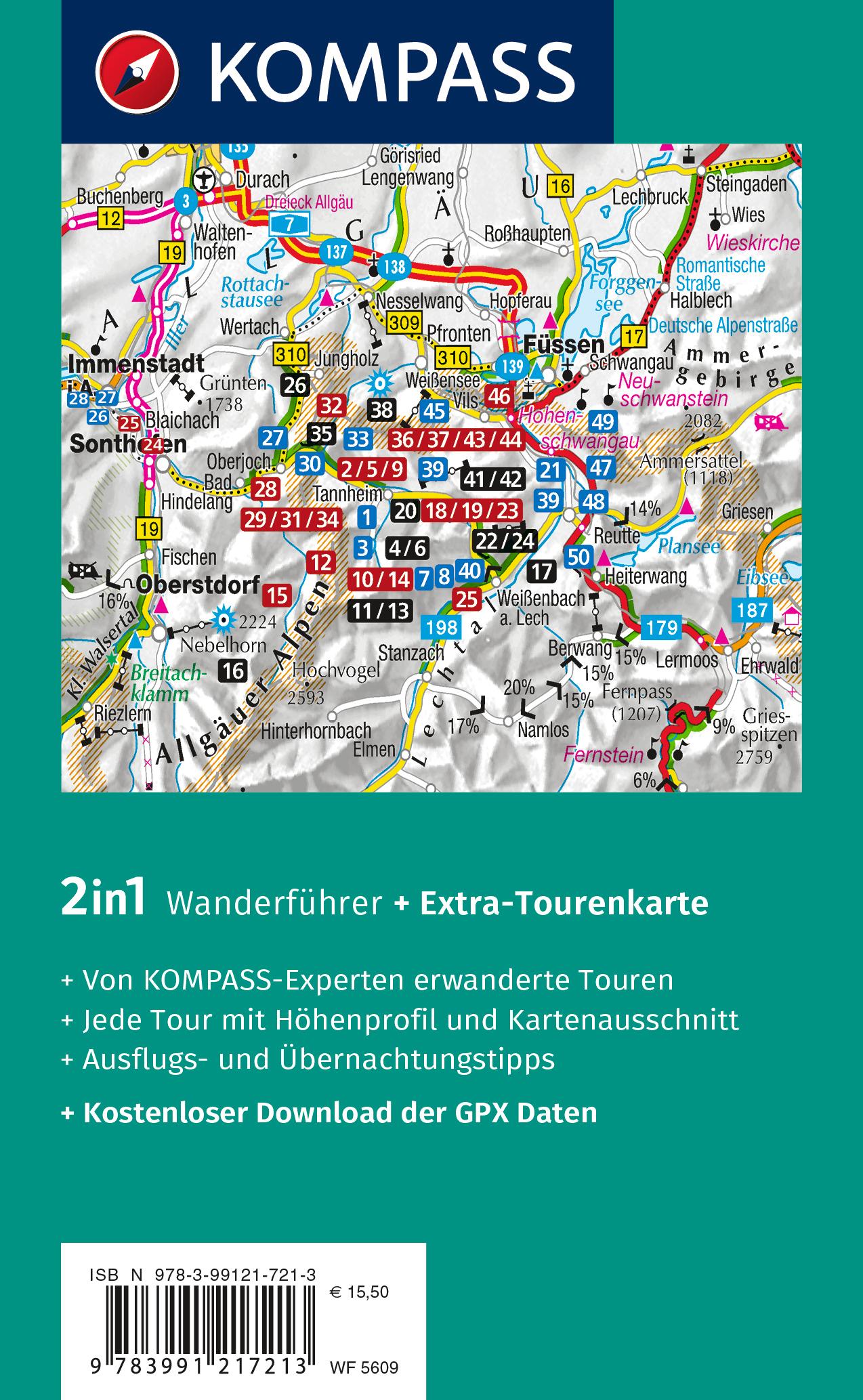 Rückseitencover KOMPASS Wanderführer Tannheimer Tal von Nesselwängle bis Jungholz, 50 Touren mit Extra-Tourenkarte
