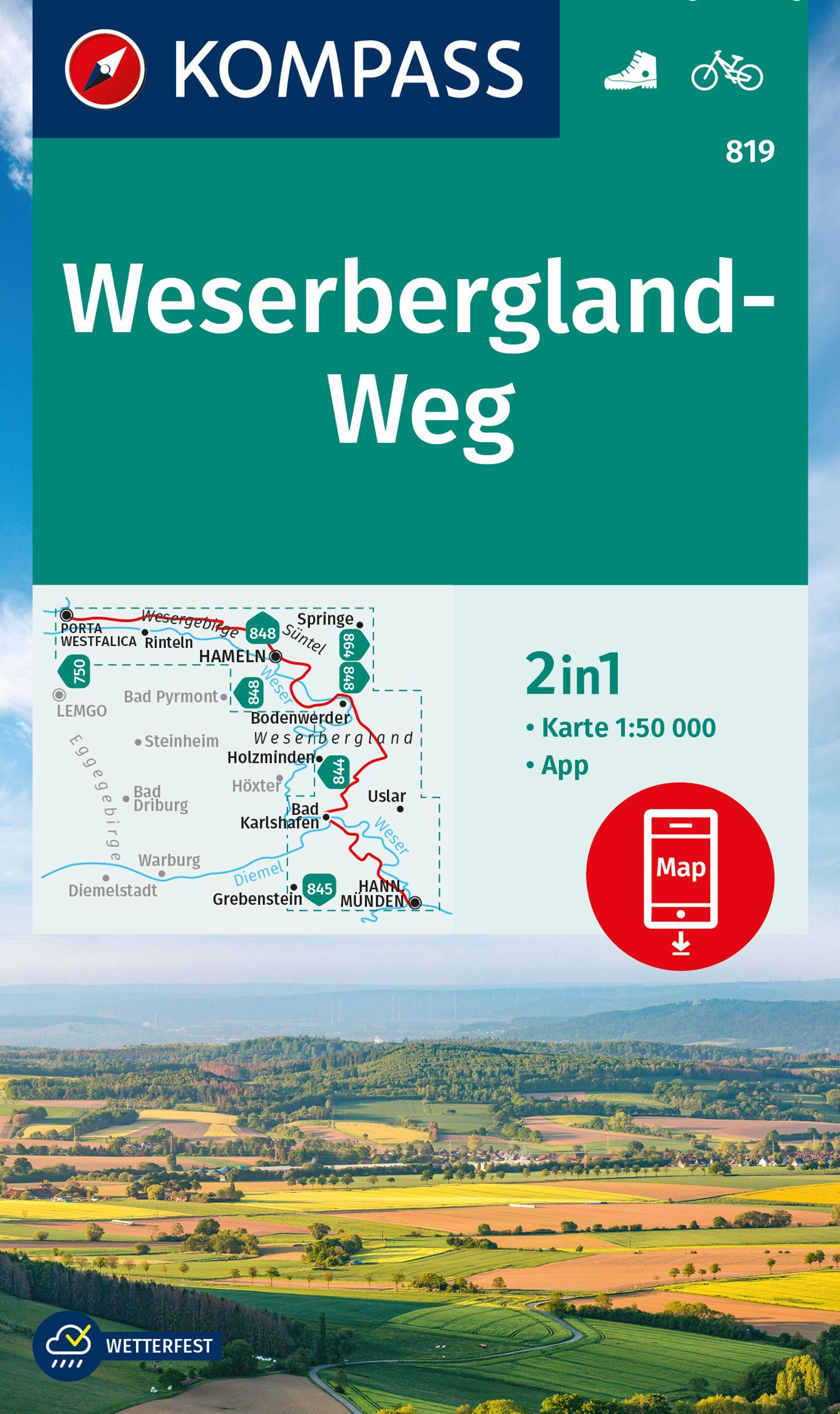 Vorderes Coverbild KOMPASS Wanderkarte 819 Weserbergland-Weg 1:50.000