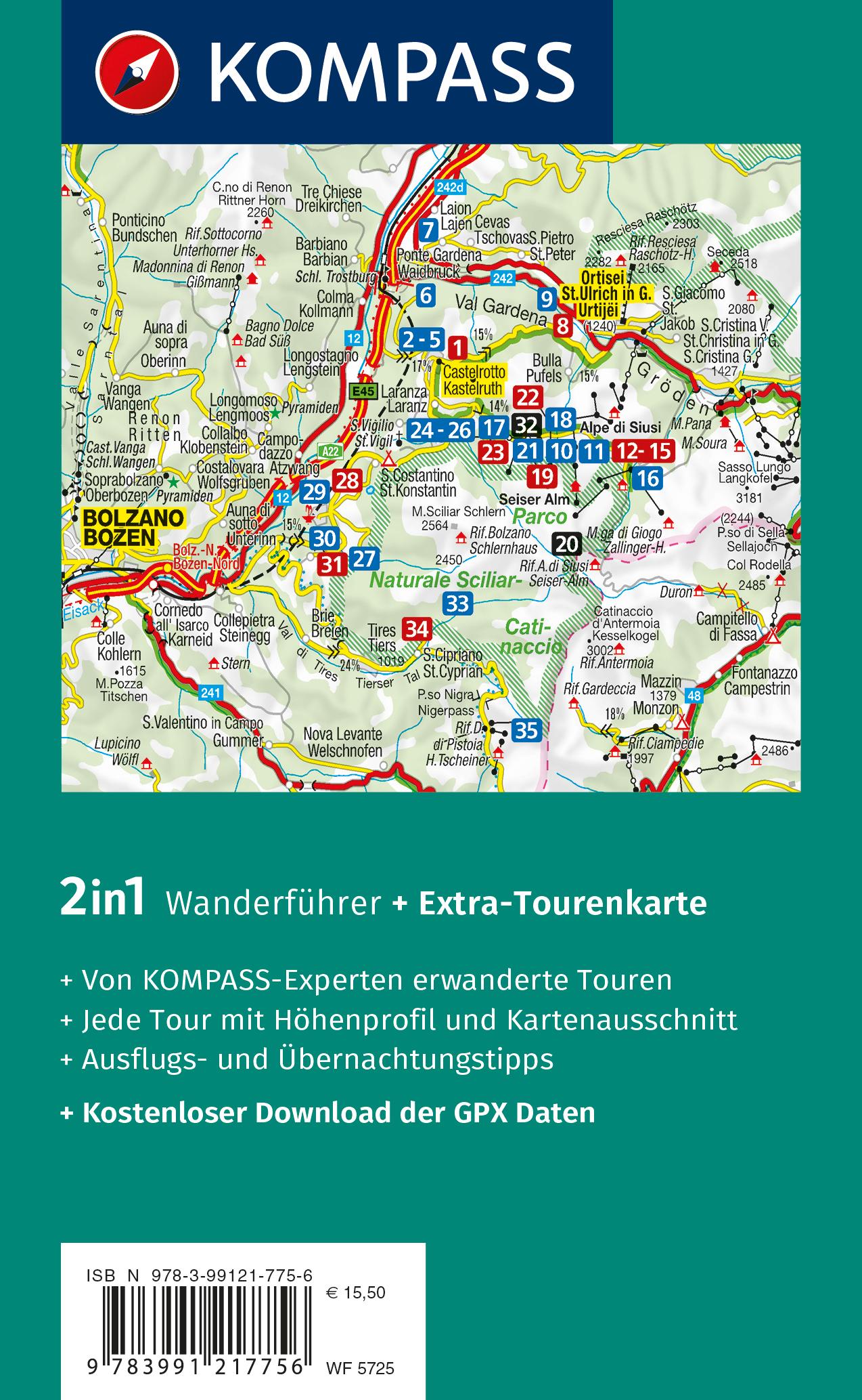 Rückseitencover KOMPASS Wanderführer Seiser Alm, Langkofel, Schlern, Tierser Tal - Herausragende Dolomiten, 35 Touren mit Extra-Tourenkarte