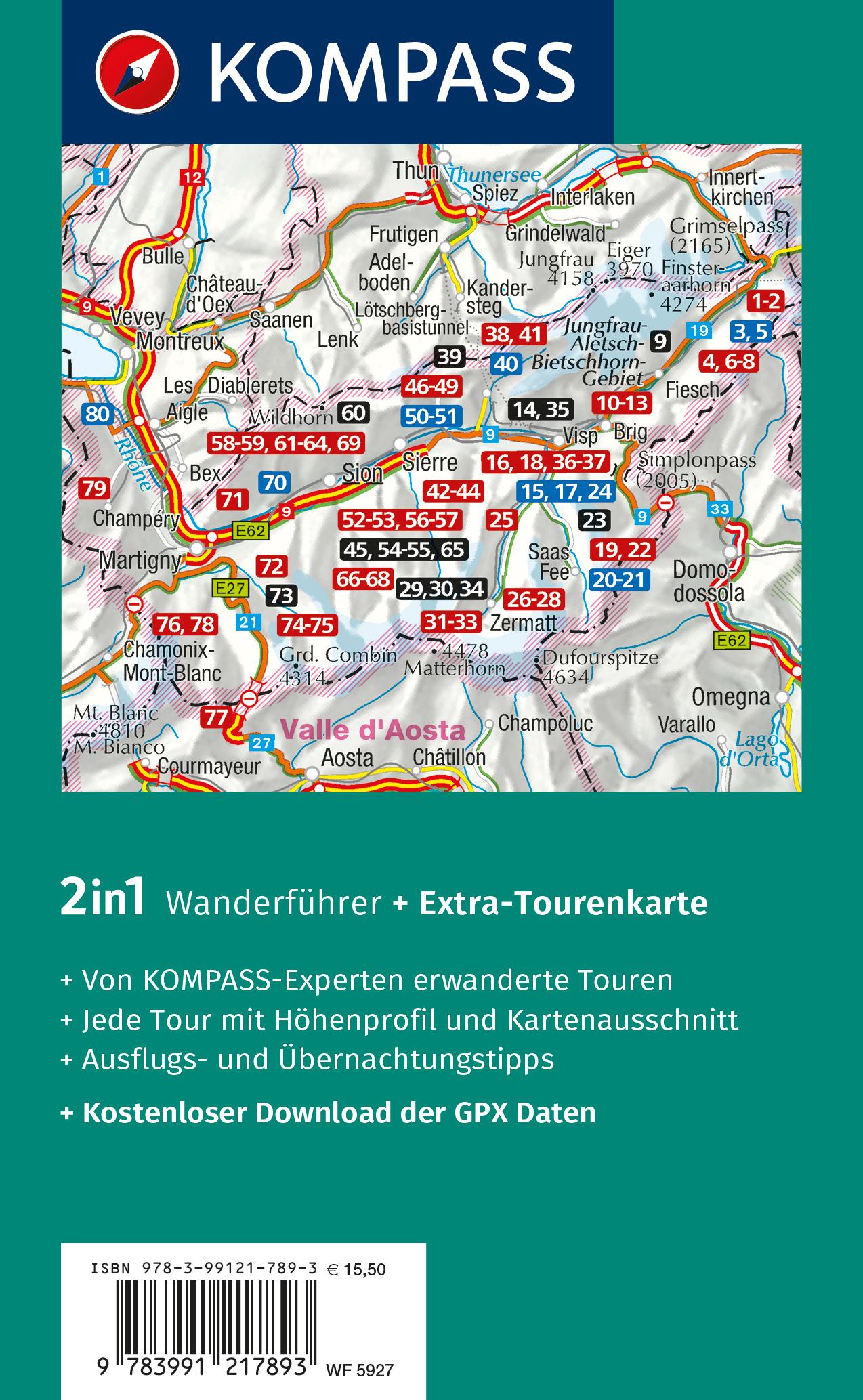 Rückseitencover KOMPASS Wanderführer Wallis, 80 Touren mit Extra-Tourenkarte
