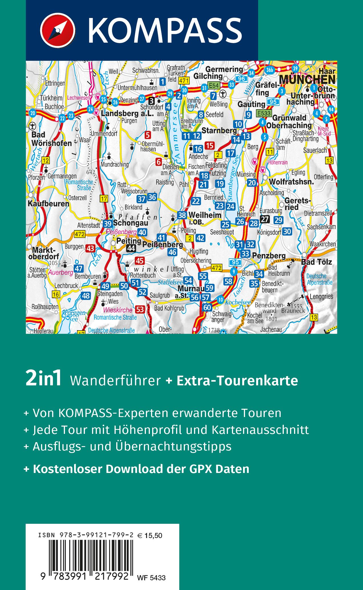 Rückseitencover KOMPASS Wanderführer Pfaffenwinkel, Fünfseenland, Starnberger See, Ammersee, 60 Touren mit Extra-Tourenkarte