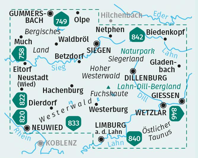 Beispielinhalt (Bild) KOMPASS Wanderkarten-Set 847 Westerwald, Siegen, Naturpark Lahn-Dill-Bergland (2 Karten) 1:50.000