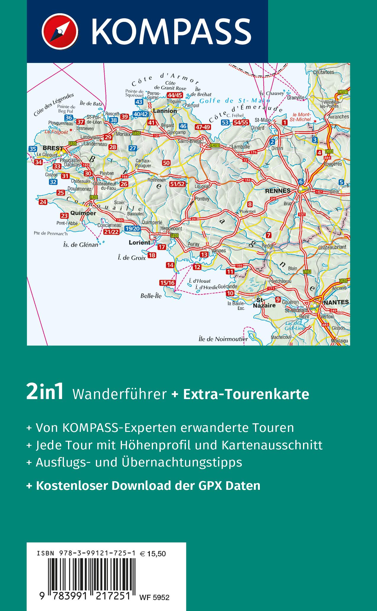 Rückseitencover KOMPASS Wanderführer Bretagne, vom Mont-Saint-Michel bis Saint-Nazaire, 55 Touren mit Extra-Tourenkarte