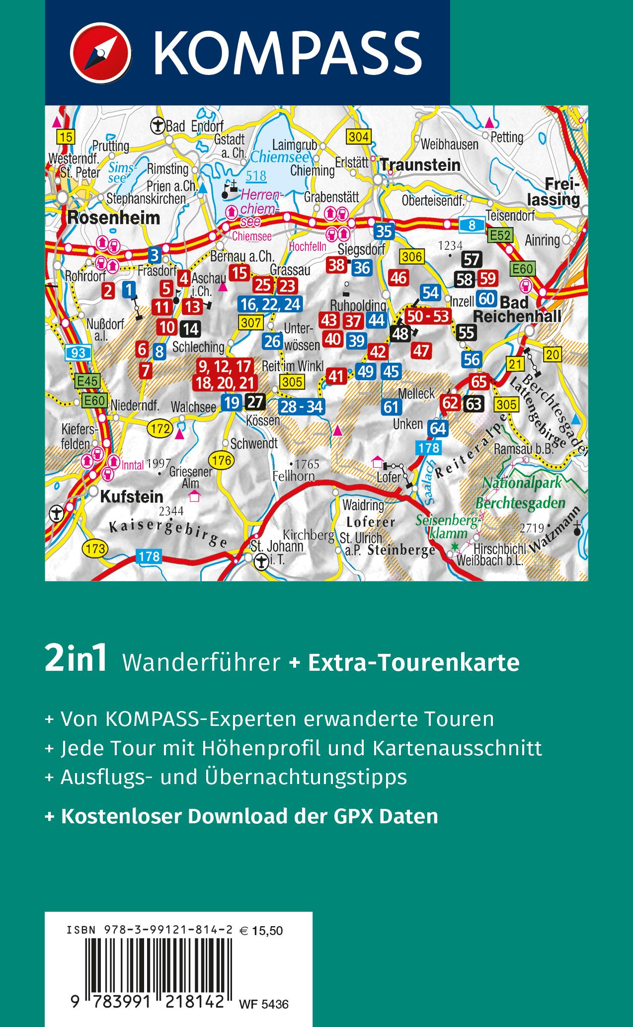 Rückseitencover KOMPASS Wanderführer Chiemgauer Alpen, 65 Touren mit Extra-Tourenkarte