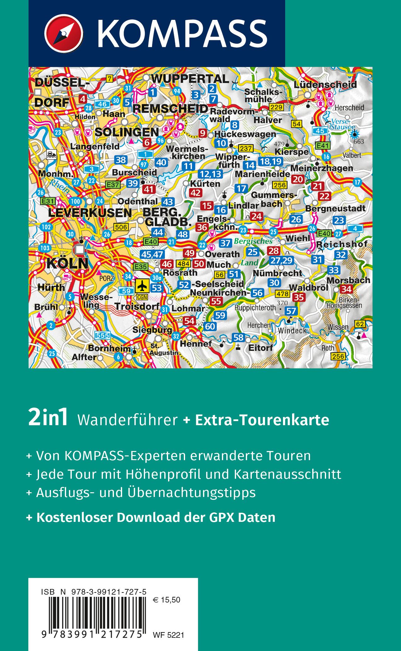 Rückseitencover KOMPASS Wanderführer Bergisches Land, Naturpark zwischen Rhein und Sauerland, 60 Touren mit Extra-Tourenkarte