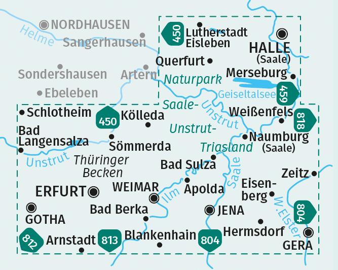 Beispielinhalt (Bild) KOMPASS Wanderkarten-Set 457 Erfurt, Weimar, Jena, Gera, Halle (Saale) (2 Karten) 1:50.000