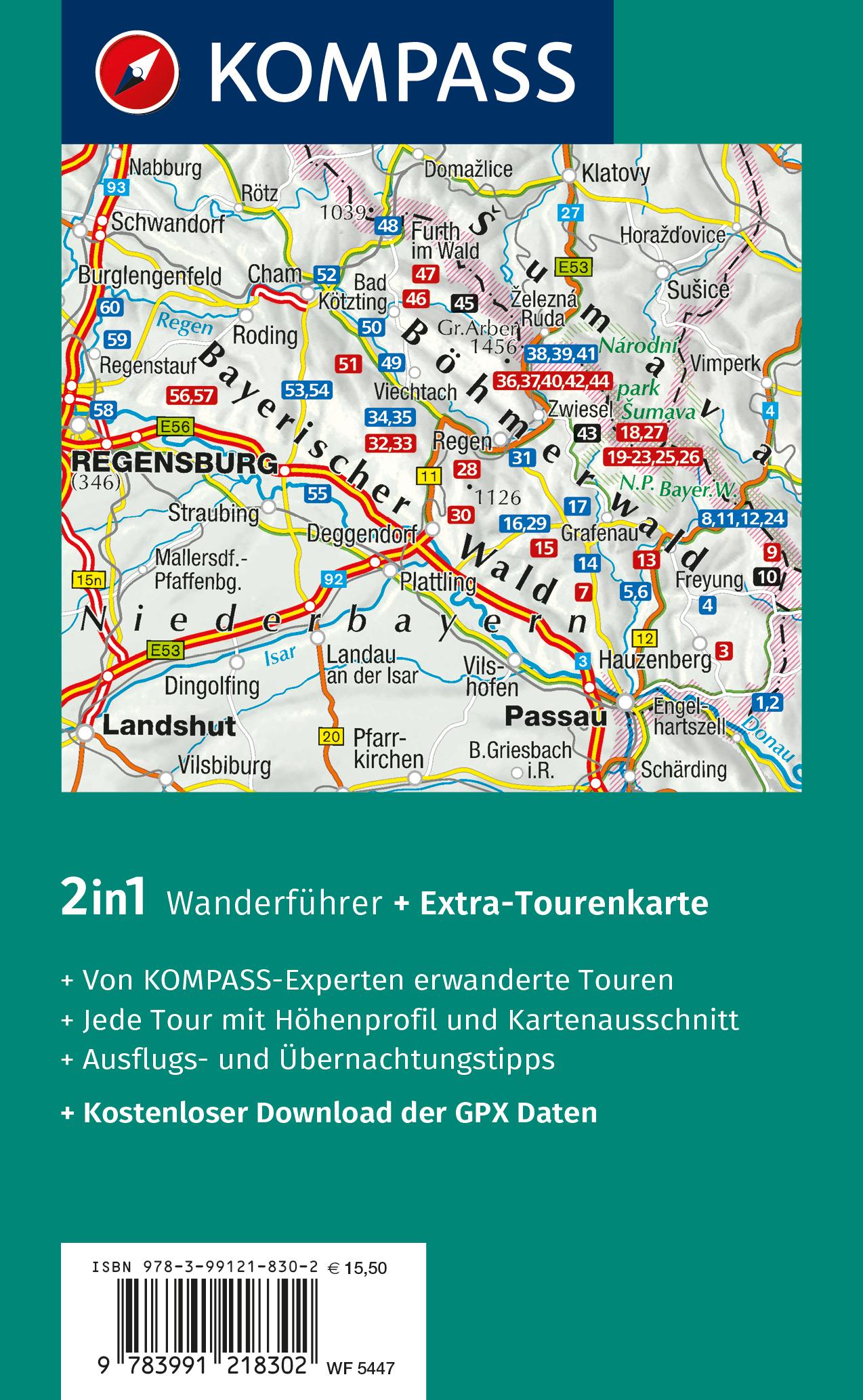 Rückseitencover KOMPASS Wanderführer Bayerischer Wald, Cham, Bodenmais, Zwiesel, Freyung, Passau, 60 Touren mit Extra-Tourenkarte