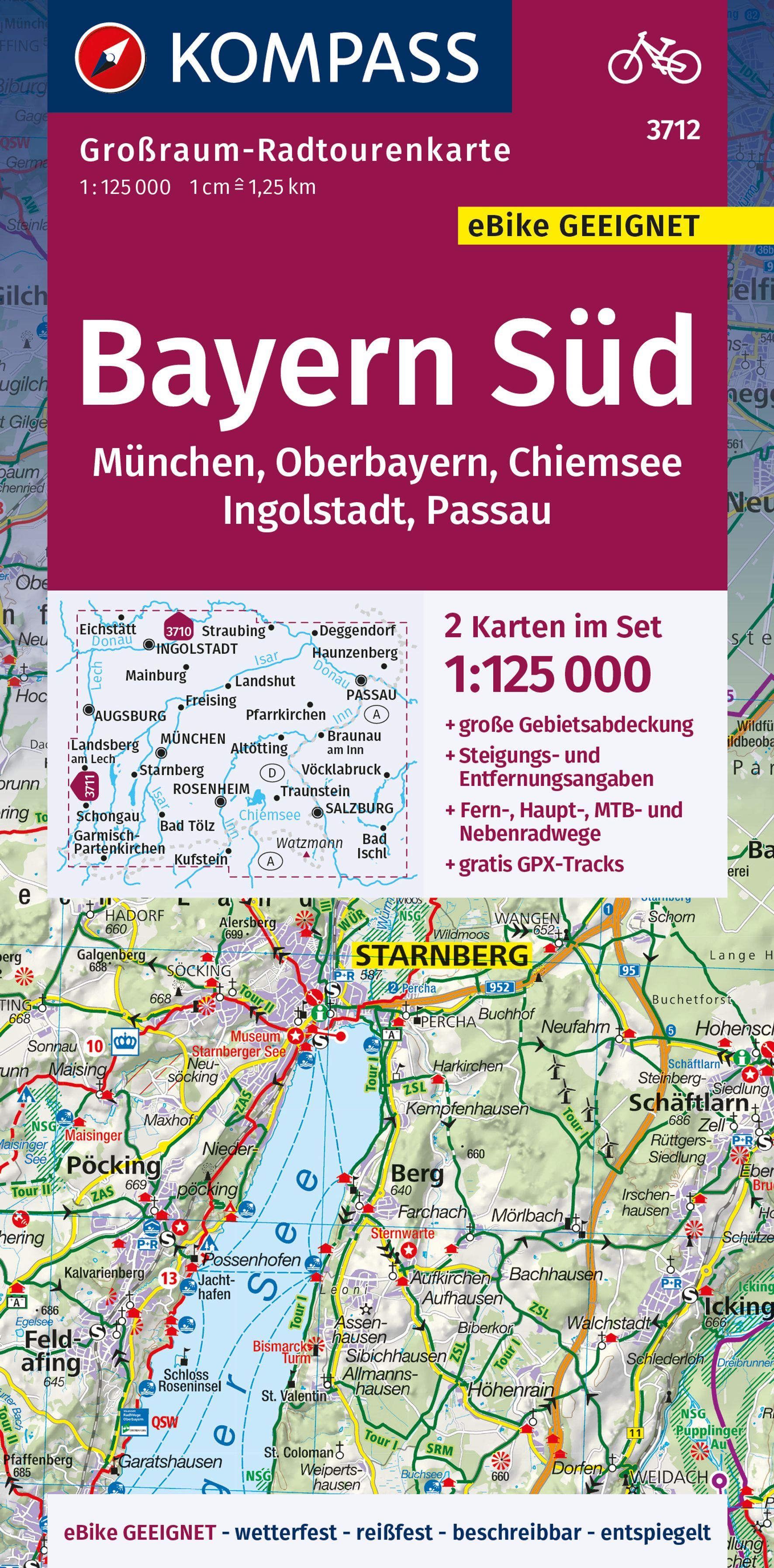 Vorderes Coverbild KOMPASS Großraum-Radtourenkarte 3712 Bayern Süd, Oberbayern, Chiemsee, Ingolstadt, Passau, München, 1:125.000