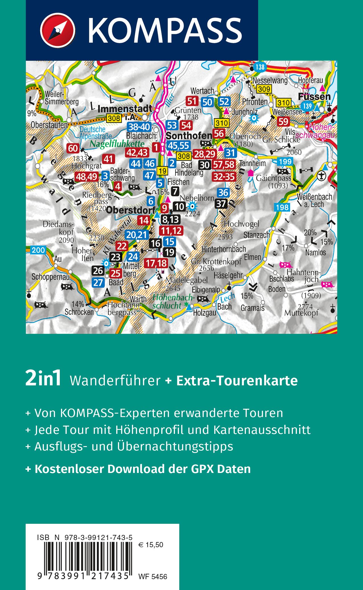 Rückseitencover KOMPASS Wanderführer Allgäu, Allgäuer Alpen, 60 Touren mit Extra-Tourenkarte