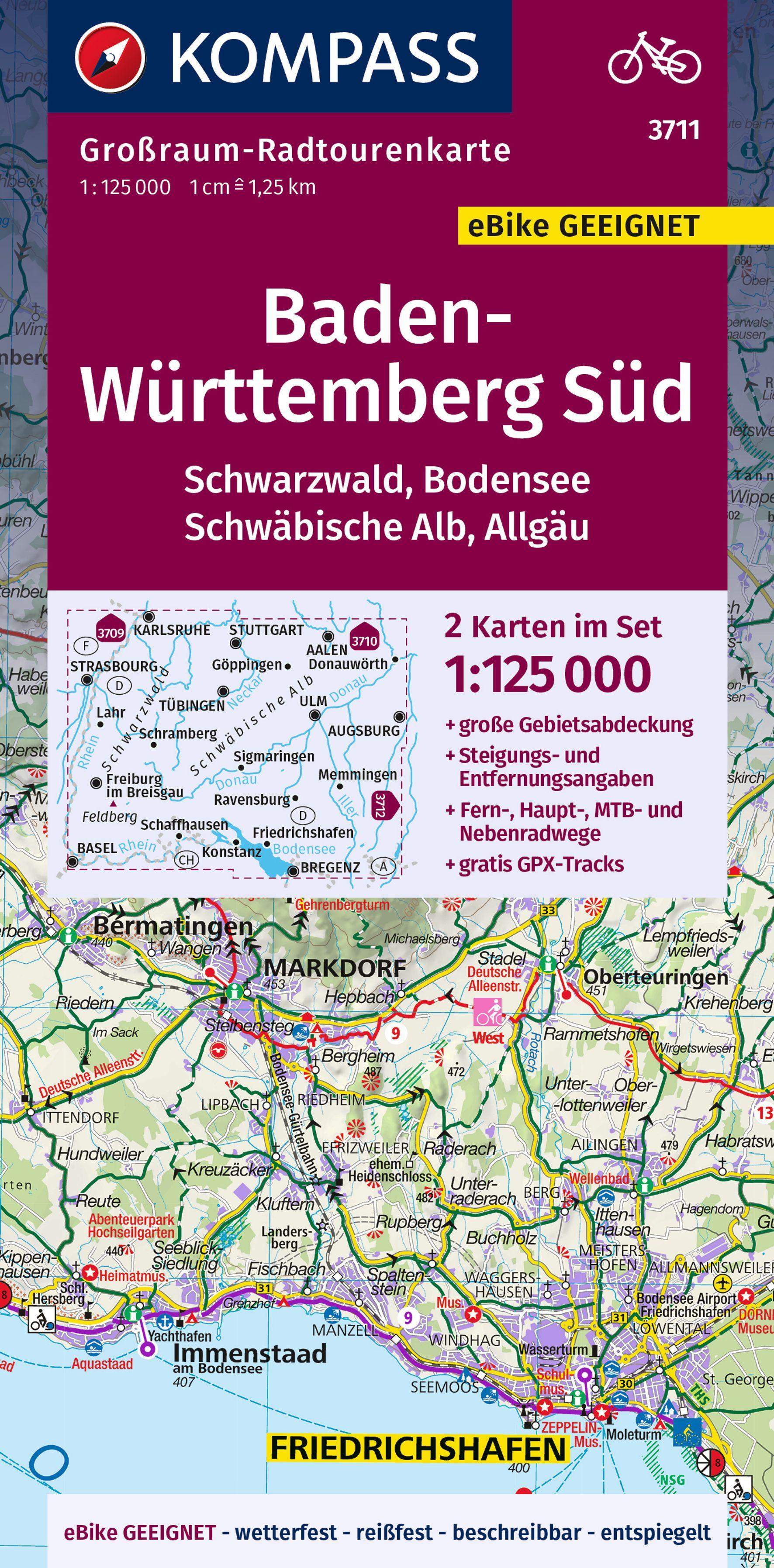 Vorderes Coverbild KOMPASS Großraum-Radtourenkarte 3711 Baden-Württemberg Süd, Schwarzwald, Bodensee, Schwäbische Alb, Allgäu 1:125.000