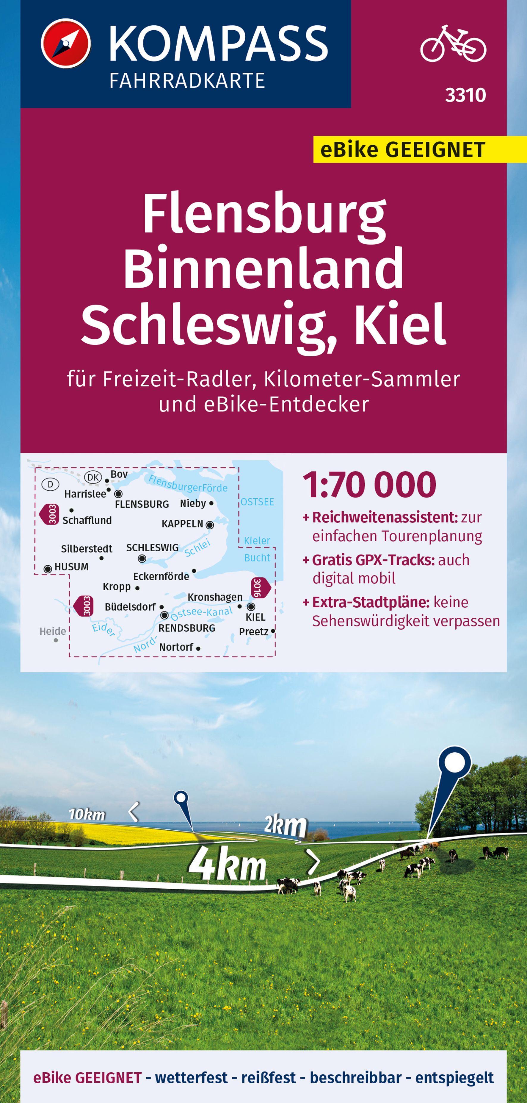Vorderes Coverbild KOMPASS Fahrradkarte 3310 Flensburg Binnenland, Schleswig, Kiel 1:70.000