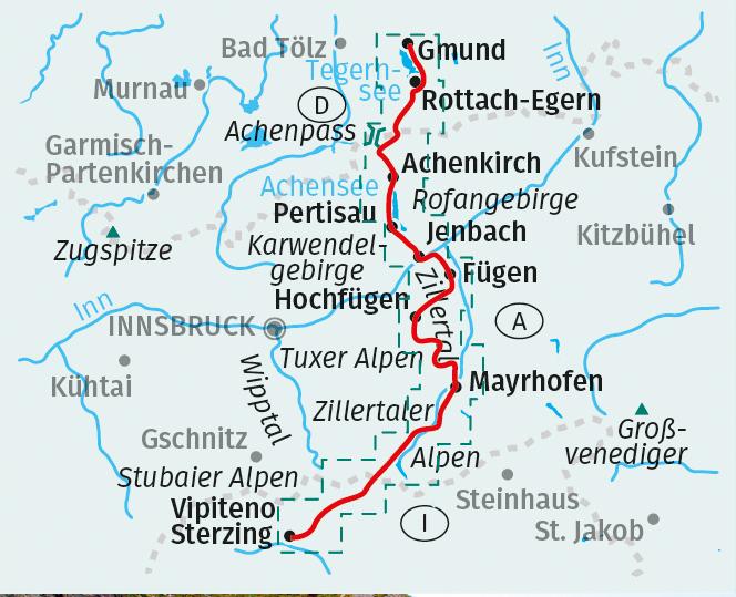 Beispielinhalt (Bild) KOMPASS Wanderkarte 289 Die Alpenüberquerung - vom Tegernsee über Achensee und Zillertal nach Sterzing 1:50.000