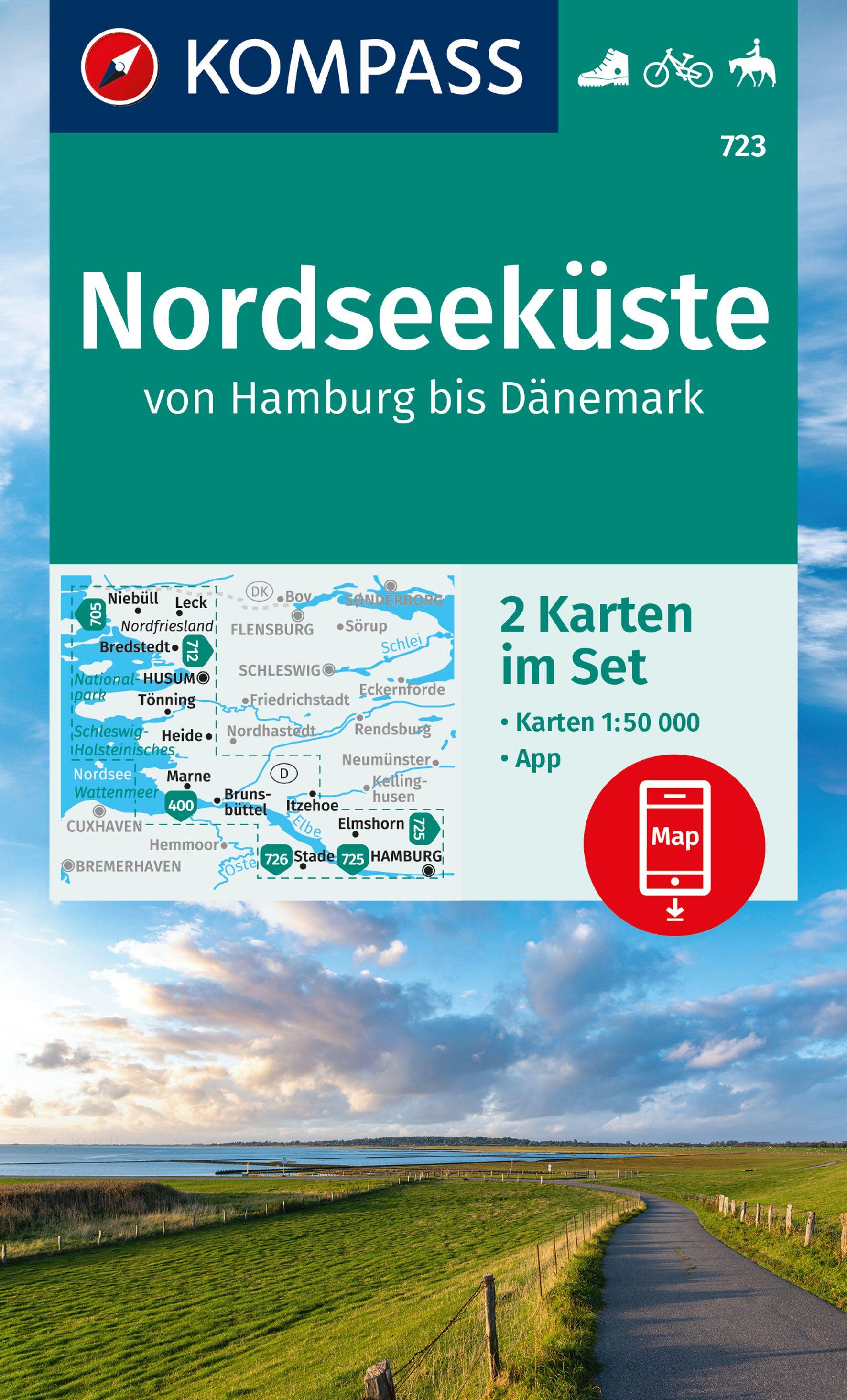 Vorderes Coverbild KOMPASS Wanderkarten-Set 723 Nordseeküste von Hamburg bis Dänemark (2 Karten) 1:50.000