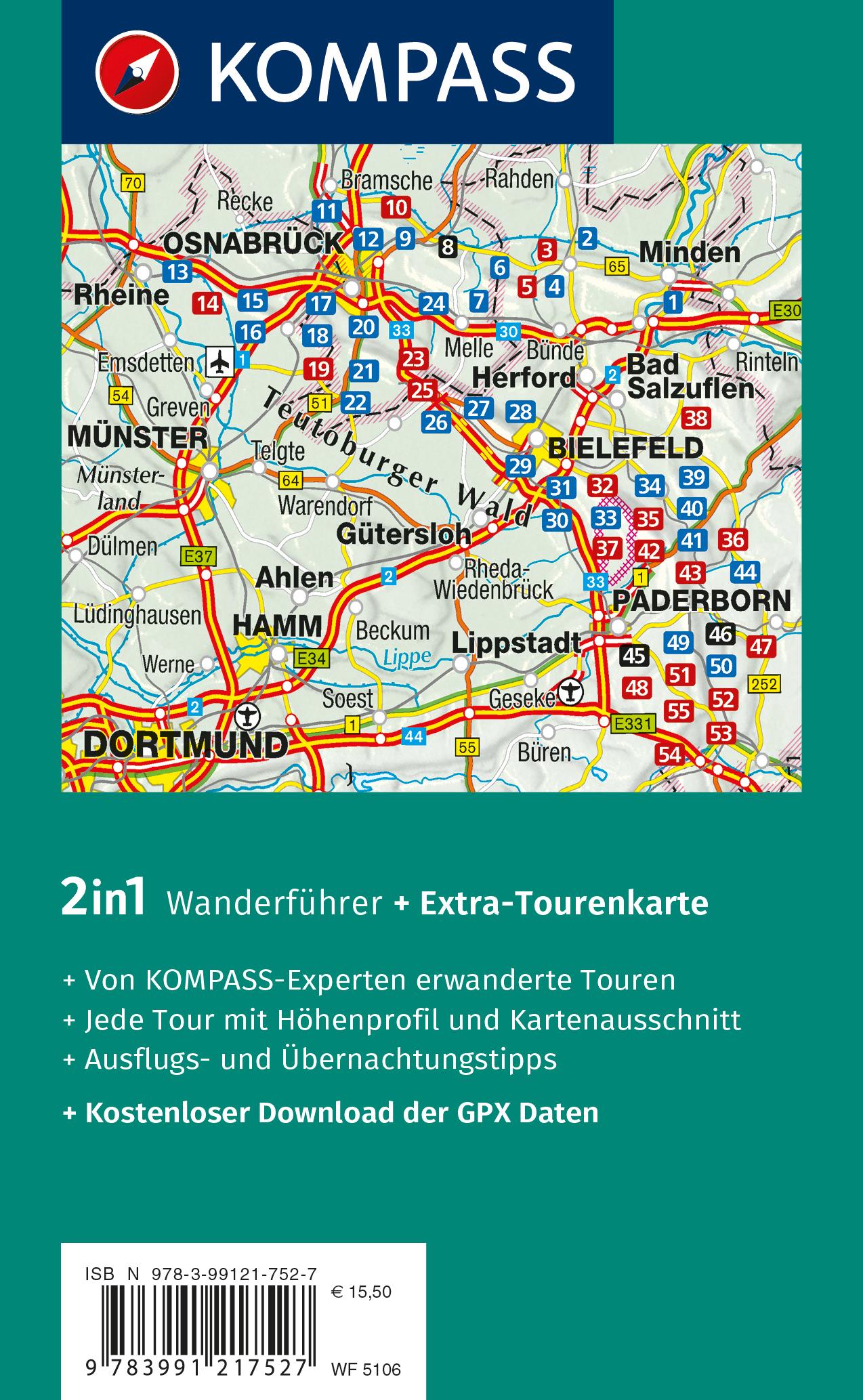 Rückseitencover KOMPASS Wanderführer Naturpark Teutoburger Wald mit Wiehen- und Eggegebirge, 55 Touren mit Extra-Tourenkarte