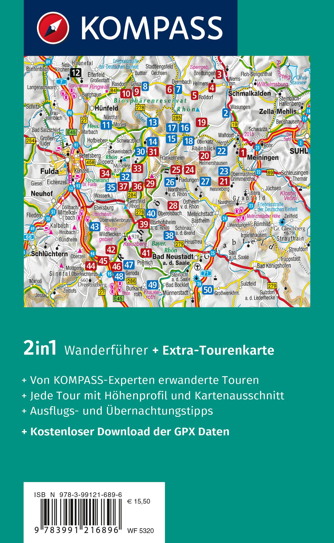 Rückseitencover KOMPASS Wanderführer Rhön, 50 Touren mit Extra-Tourenkarte