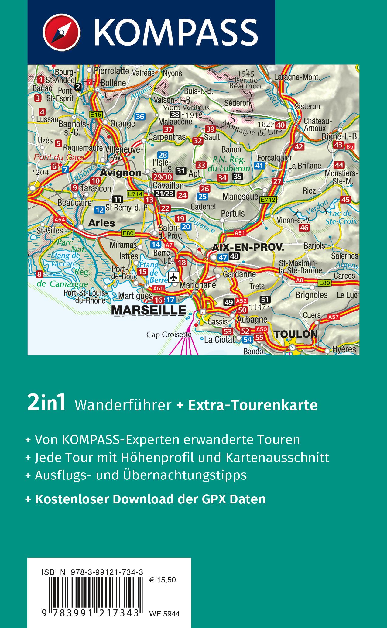 Rückseitencover KOMPASS Wanderführer Provence, 55 Touren mit Extra-Tourenkarte