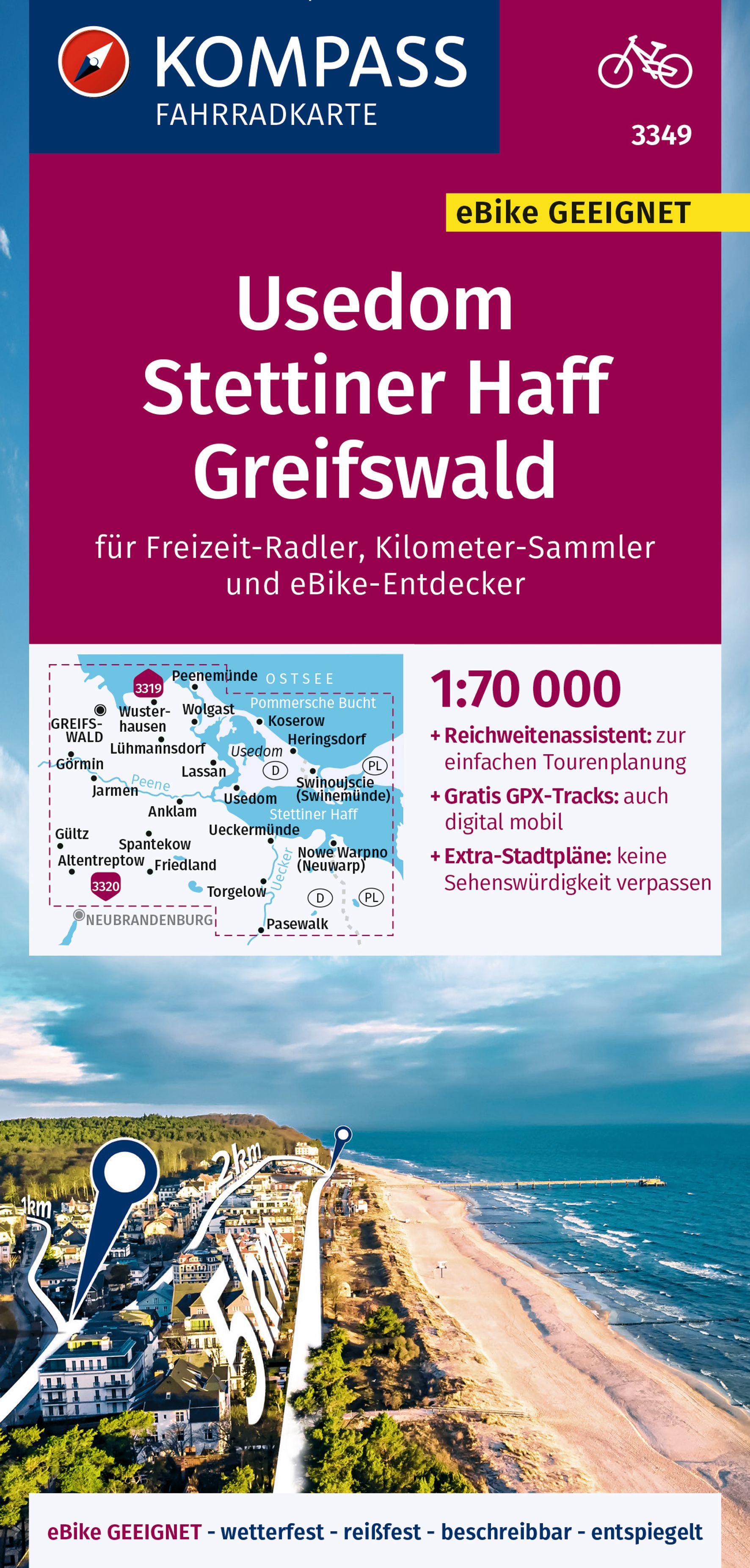 Vorderes Coverbild KOMPASS Fahrradkarte 3349 Usedom, Stettiner Haff, Greifswald 1:70.000