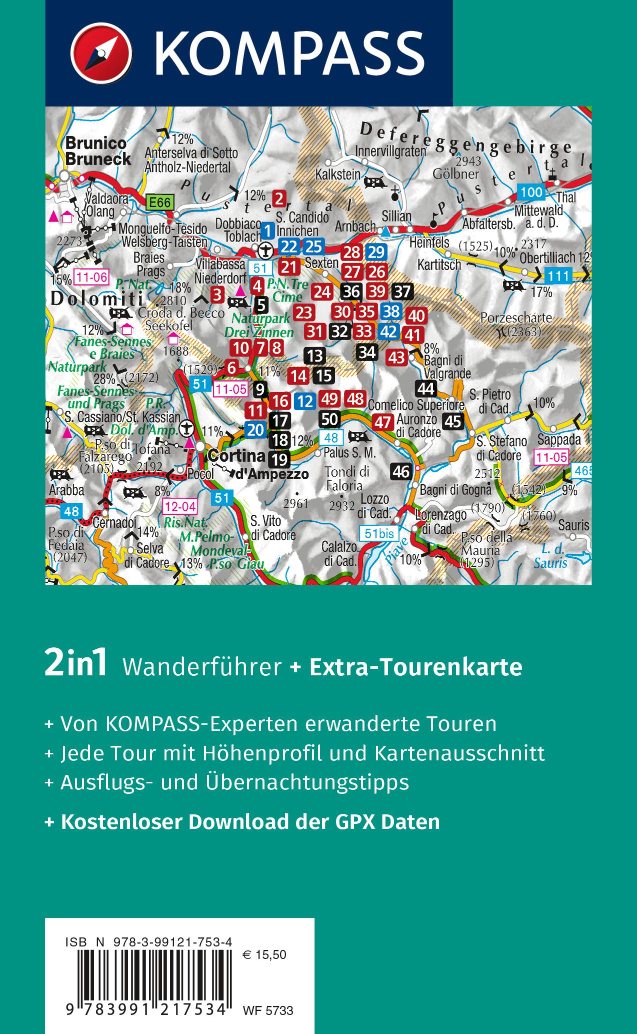 Rückseitencover KOMPASS Wanderführer Sextner Dolomiten, Naturpark Drei Zinnen - Herausragende Dolomiten, 50 Touren mit Extra-Tourenkarte