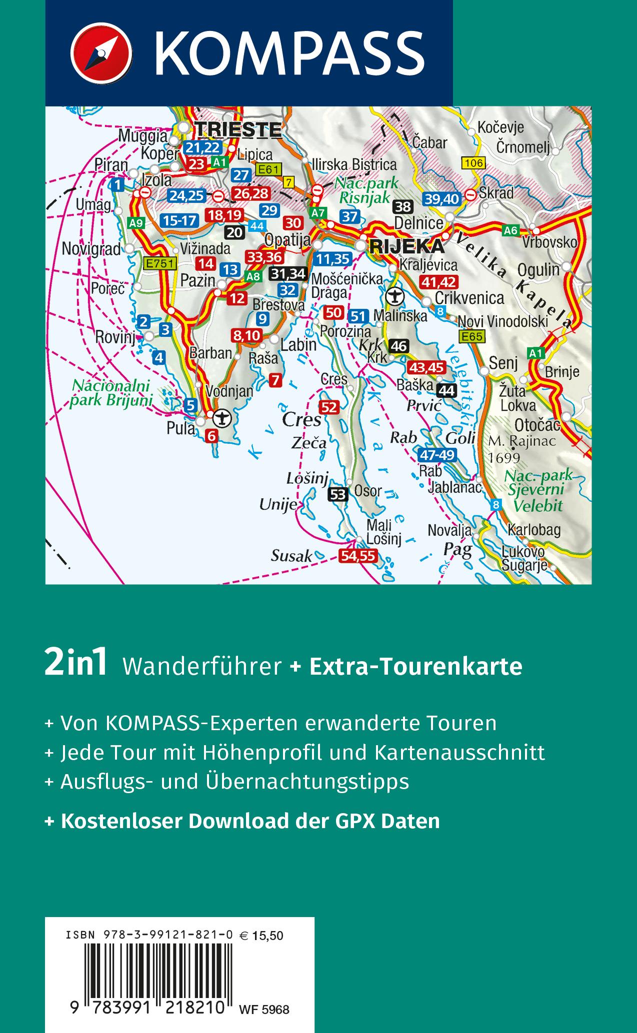 Rückseitencover KOMPASS Wanderführer Istrien mit Kvarner-Bucht, Krk, Rab, Cres und Losinj, 55 Touren mit Extra-Tourenkarte