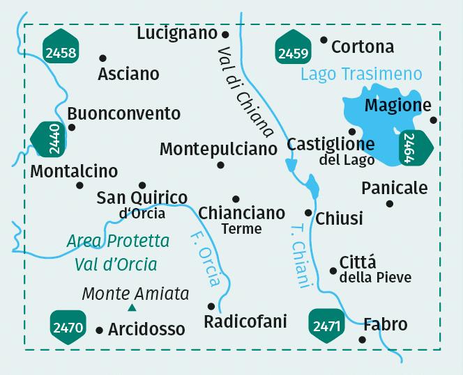 Beispielinhalt (Bild) KOMPASS Wanderkarte 2463 Lago Trasimeno, Area Protetta Val d' Orcia, Montepulciano, Montalcino, Monte Amiata, Cortona 1:50.000