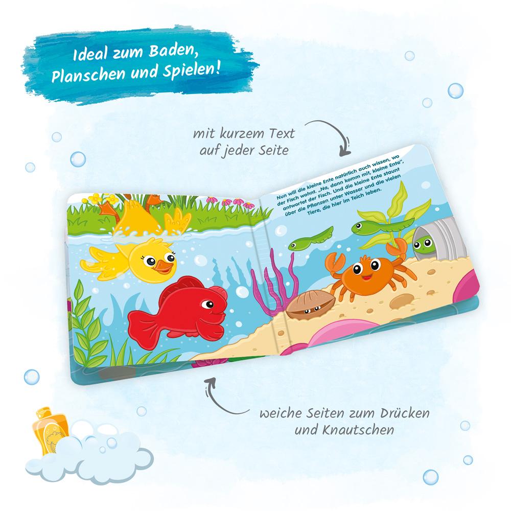 Beispielinhalt (Bild) Trötsch Badebuch mit Tierfigur Die kleine Ente und der Fisch