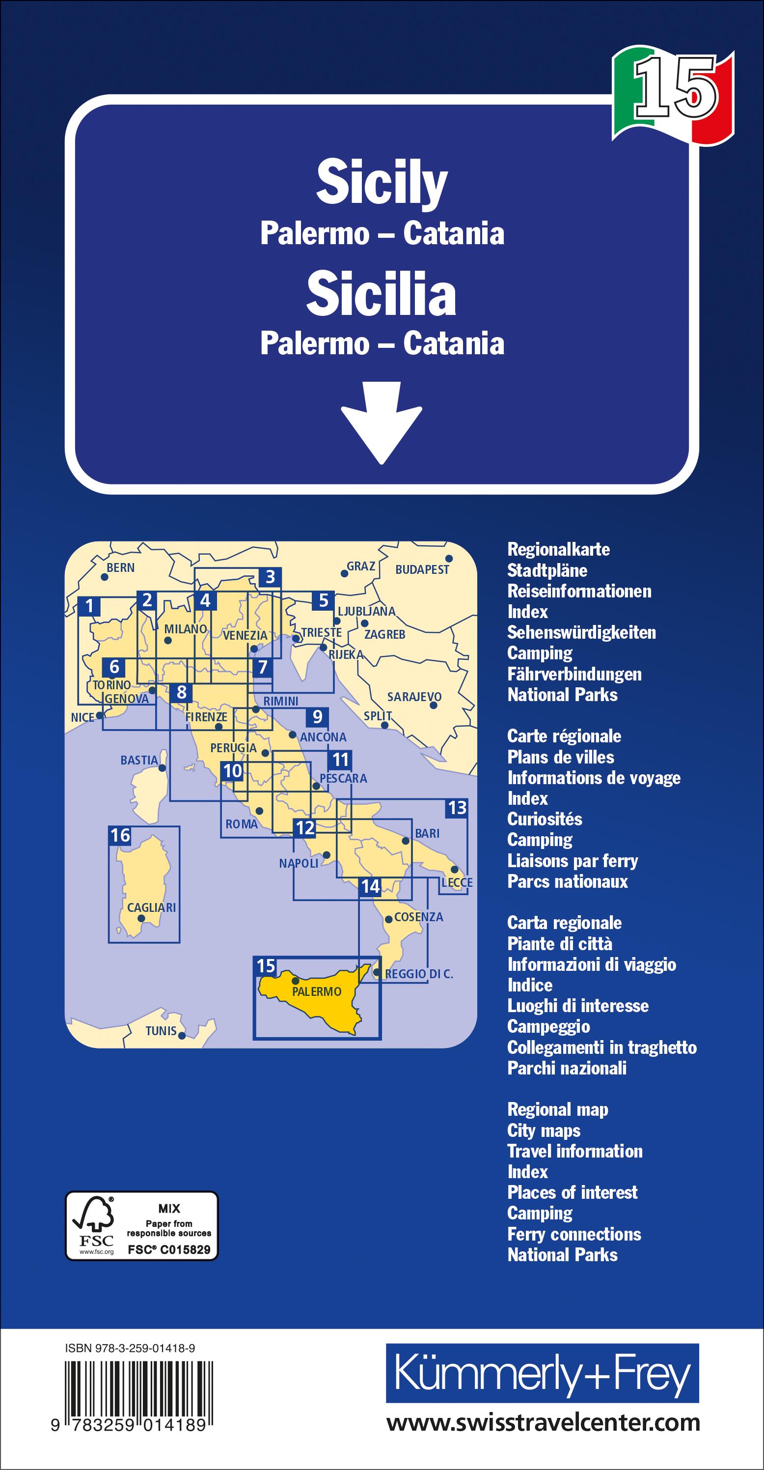 Rückseitencover Kümmerly+Frey Regional-Strassenkarte 15 Sizilien 1:200.000