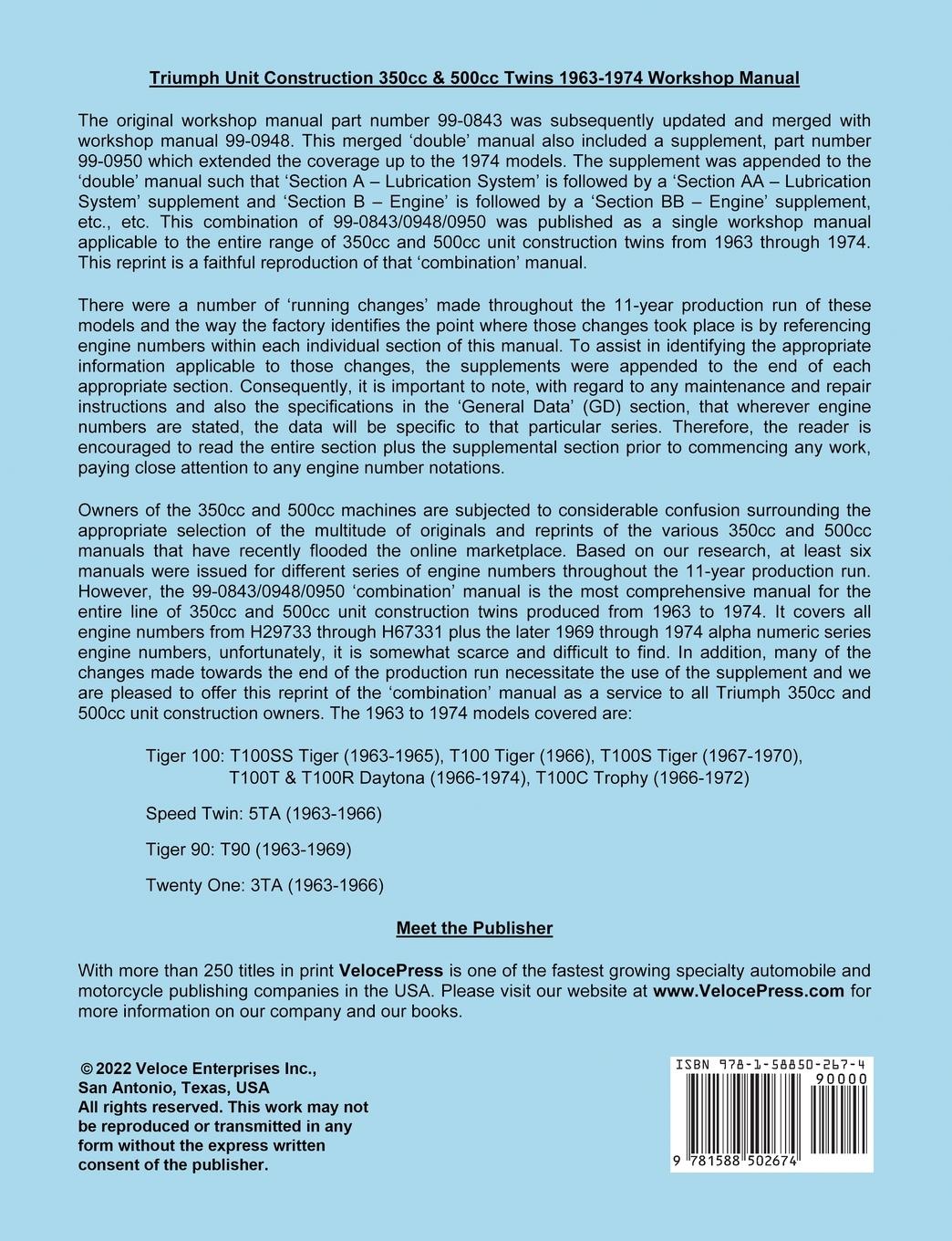 Rückseitencover TRIUMPH 350cc & 500cc UNIT CONSTRUCTION TWINS 1963-1974 WORKSHOP MANUAL