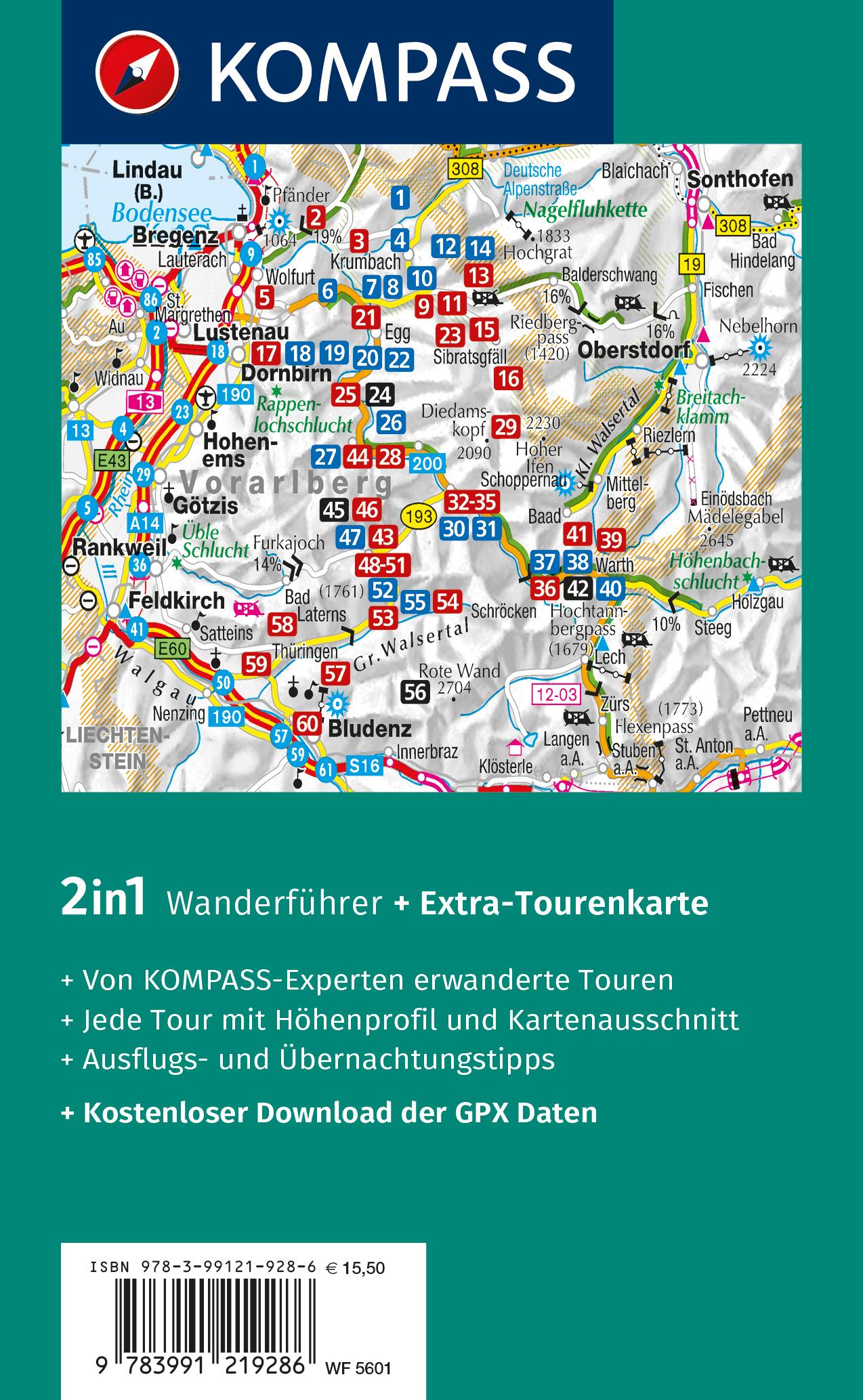 Rückseitencover KOMPASS Wanderführer Bregenzerwald und Großes Walsertal, 60 Touren mit Extra-Tourenkarte