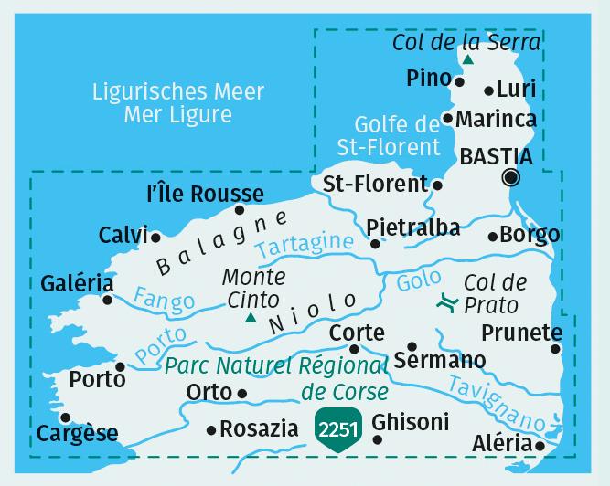 Beispielinhalt (Bild) KOMPASS Wanderkarten-Set 2250 Korsika Nord, Corse du Nord, Weitwanderweg GR20 (3 Karten) 1:50.000